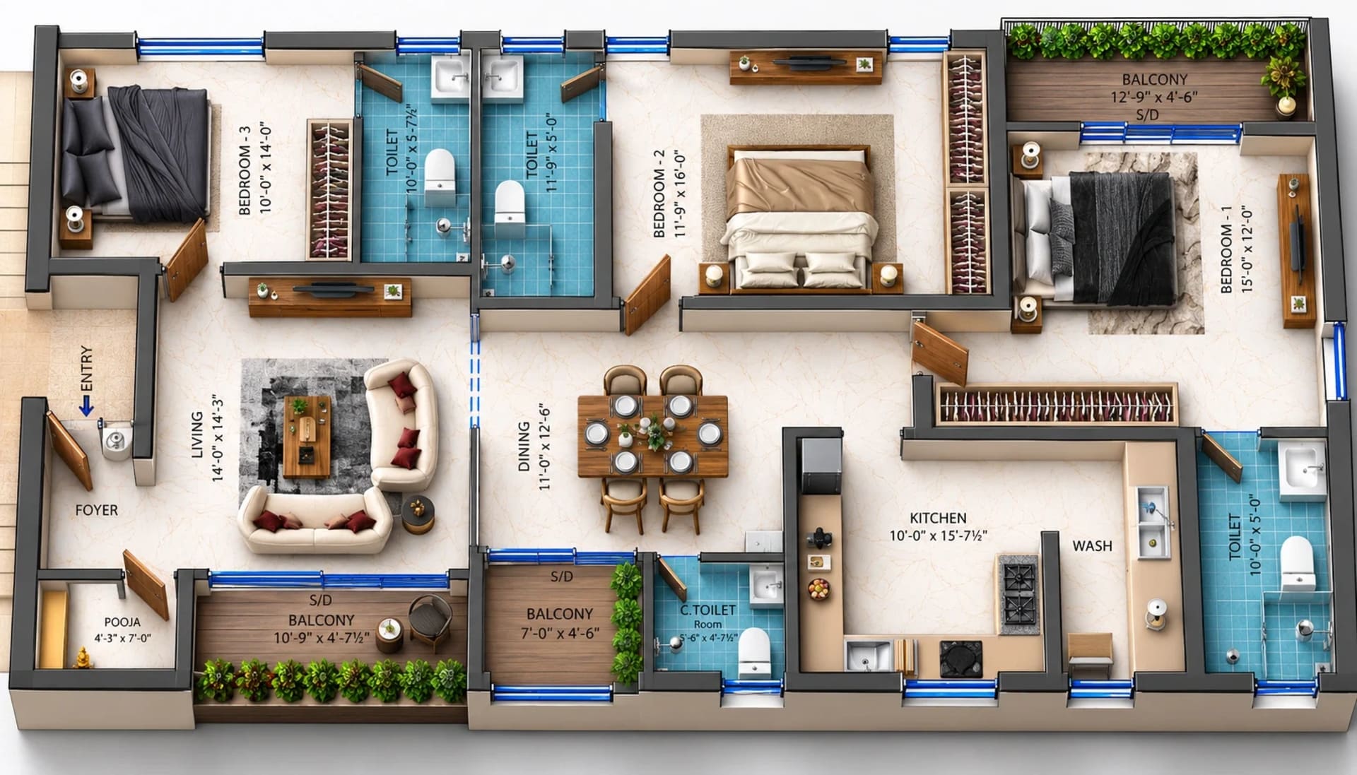 3 BHK Apartment floor plan — 1,899 sqft
