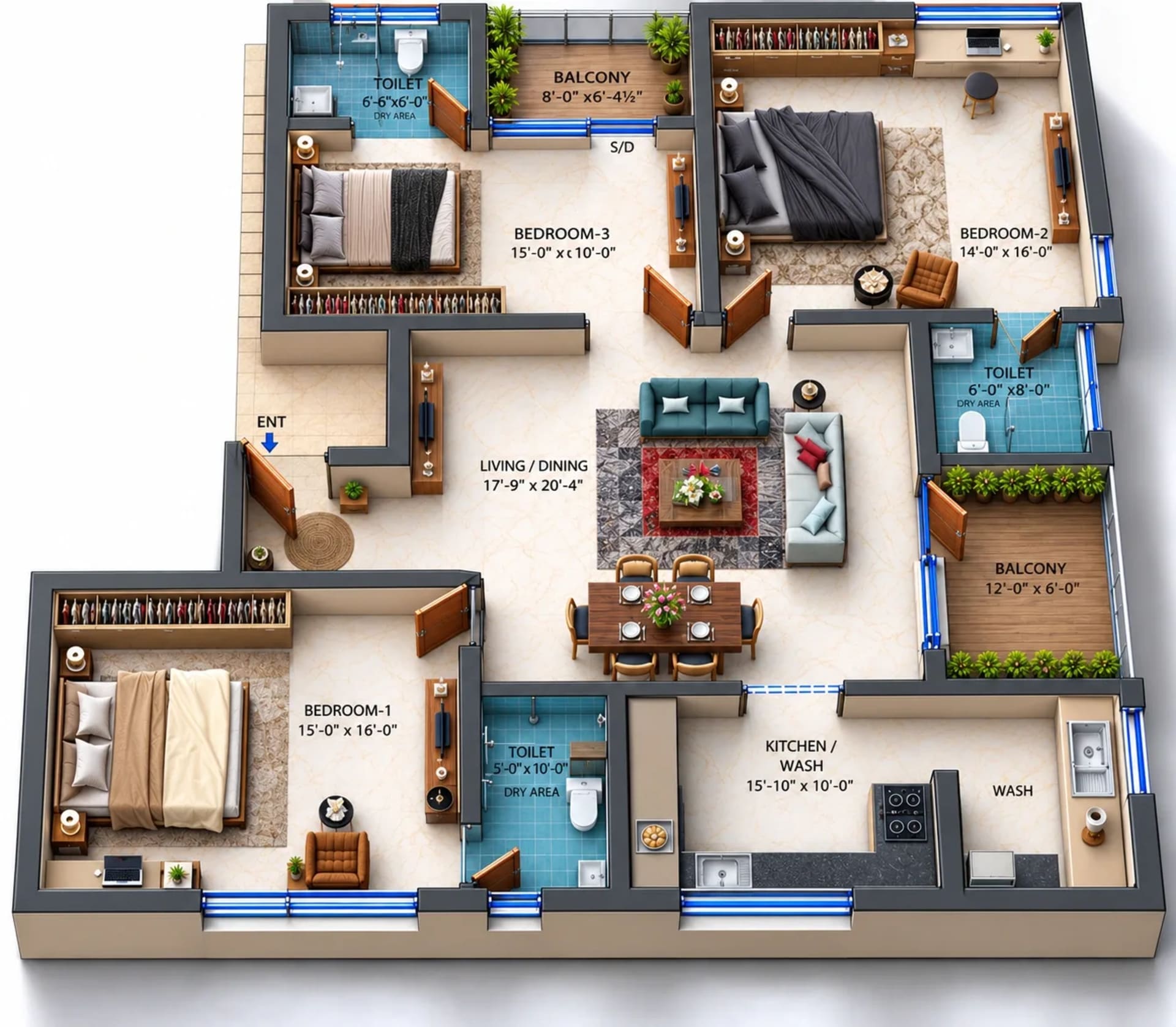 3 BHK Apartment floor plan — 1,900 sqft