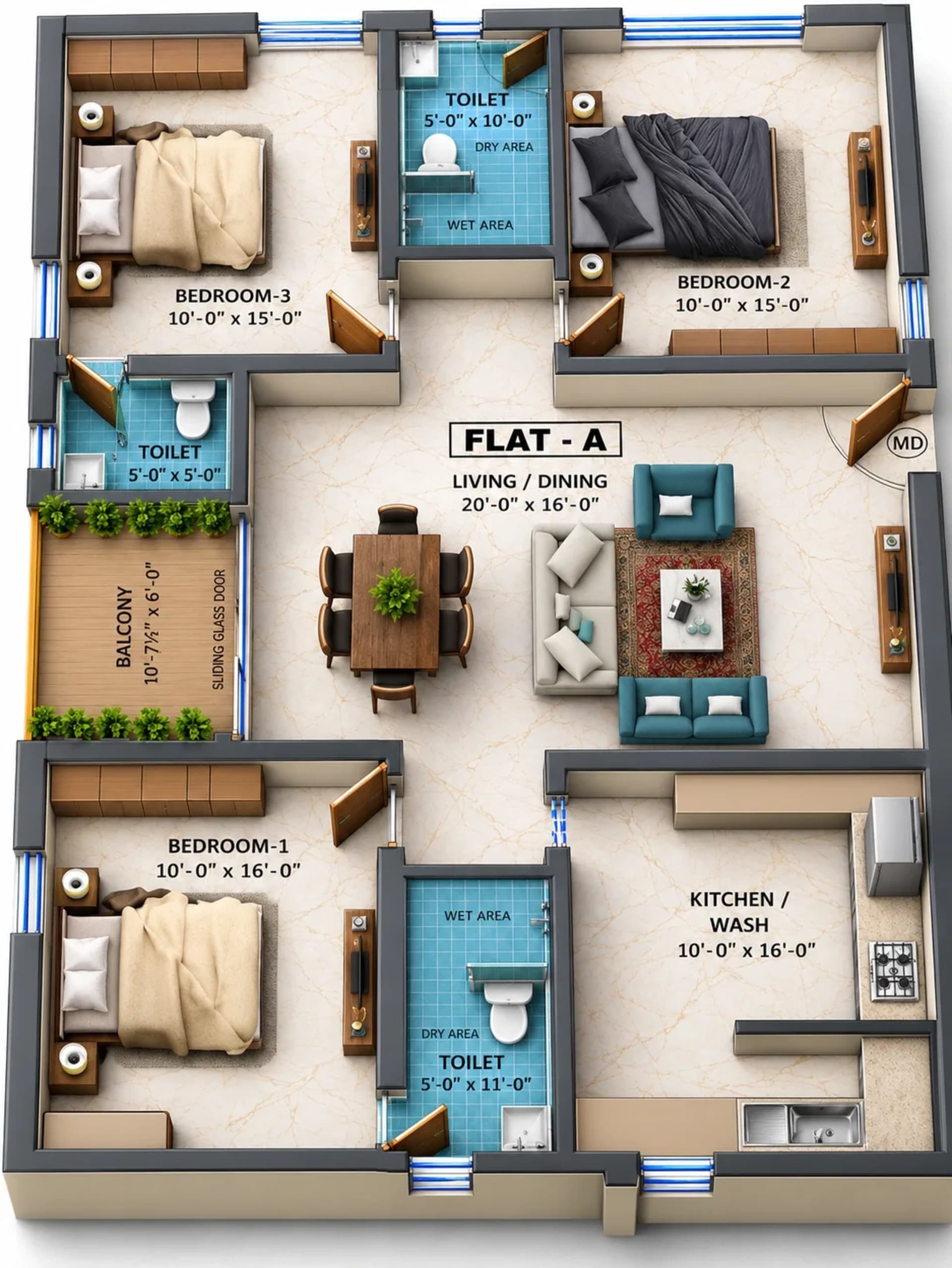 3 BHK Apartment floor plan — 1,602 sqft