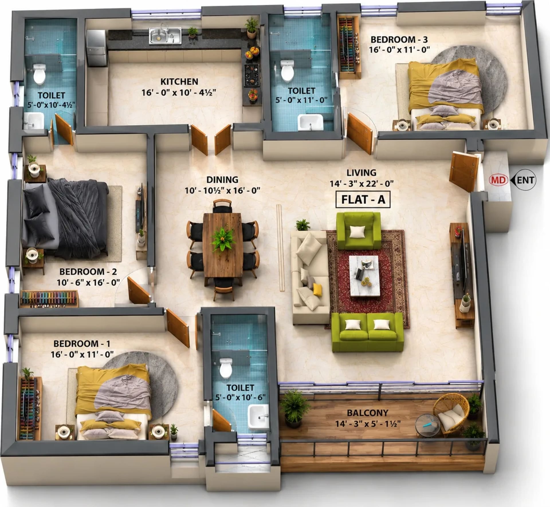 3 BHK Apartment floor plan — 1,970 sqft