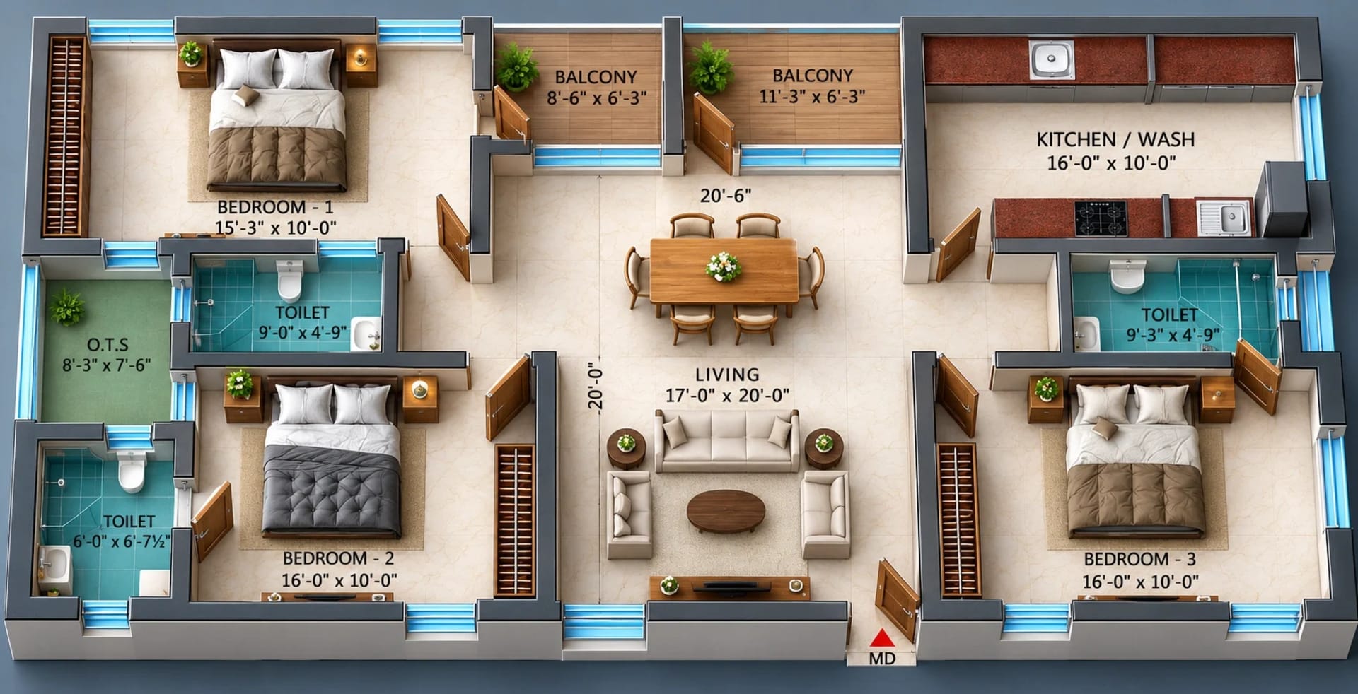 3 BHK Apartment Floor Plan – Dhiyas Sai Bharath