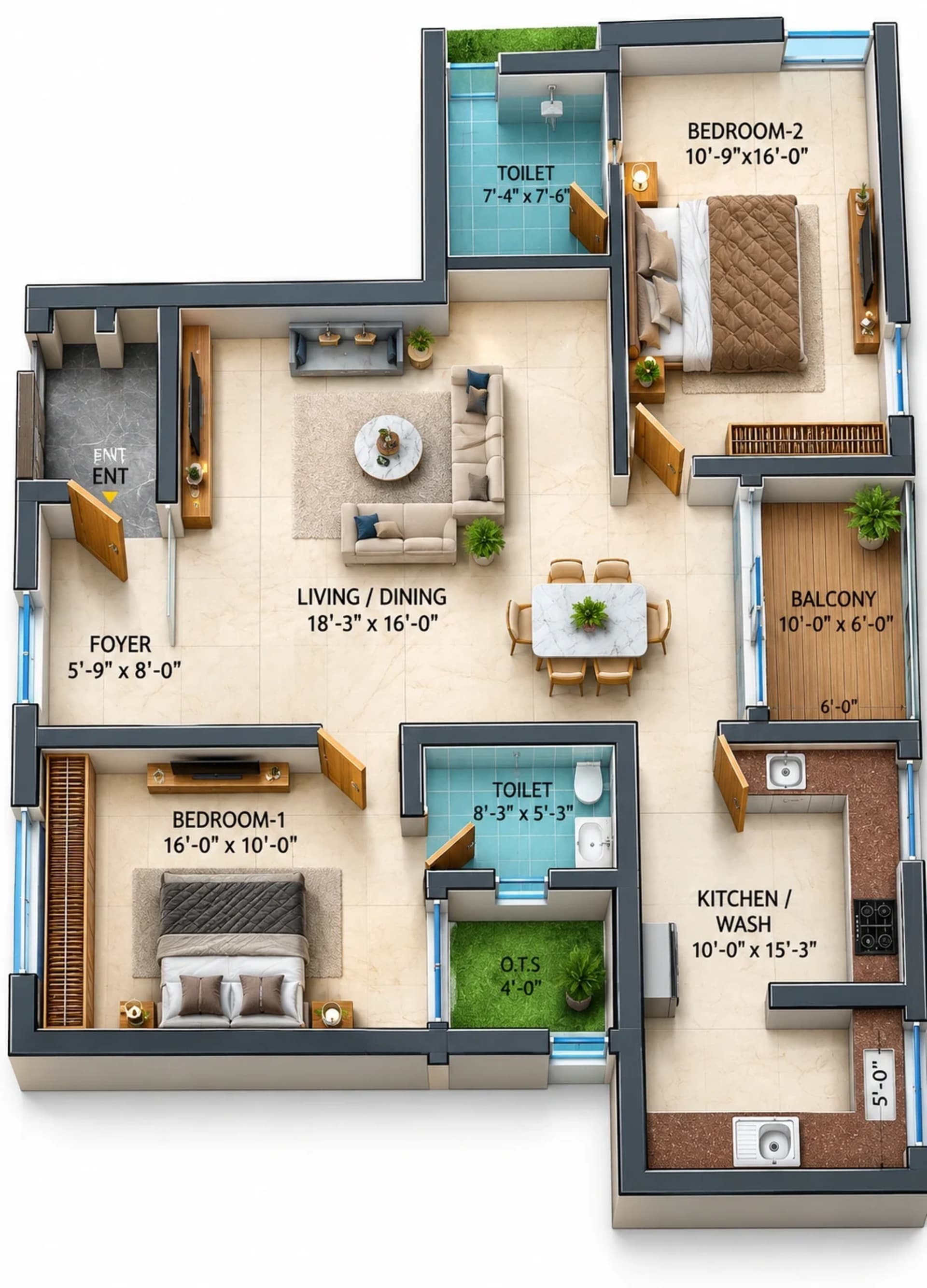 2 BHK Apartment floor plan — 1,404 sqft