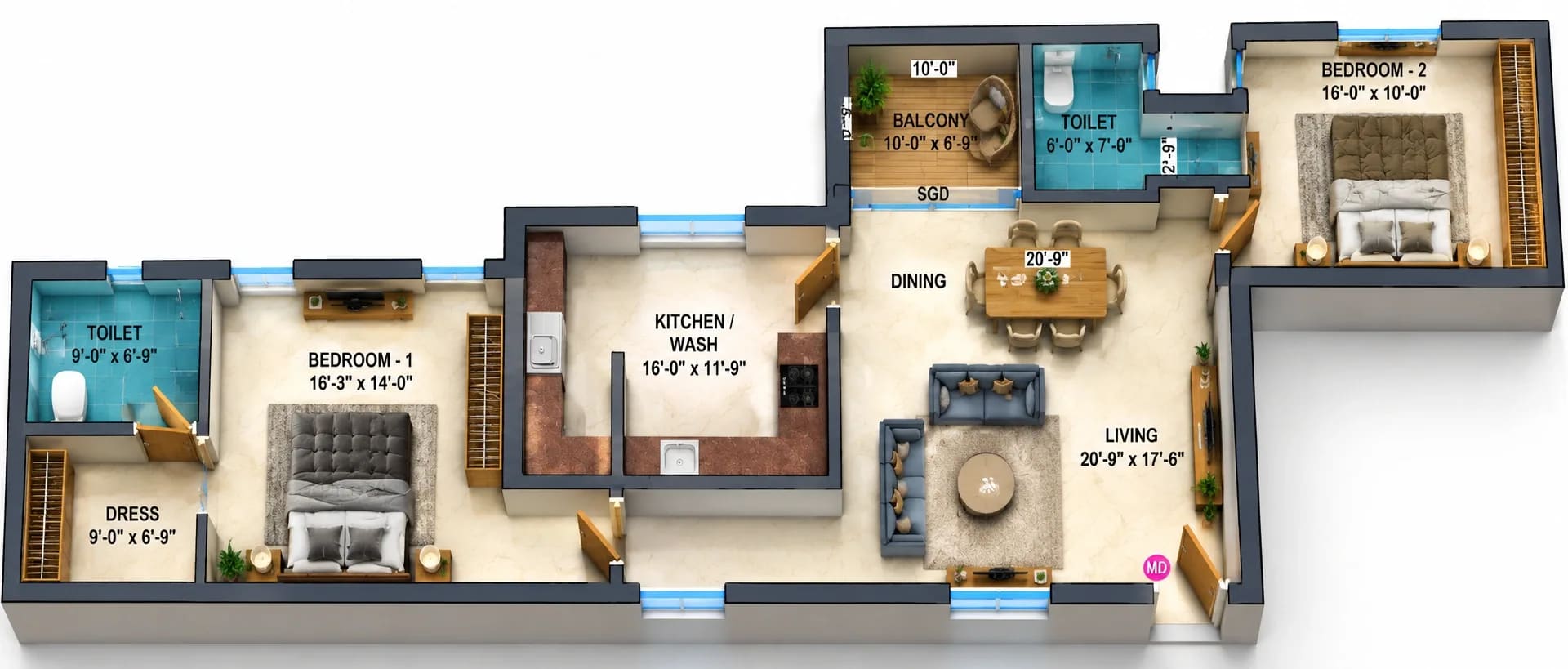 2 BHK Apartment floor plan — 1,553 sqft