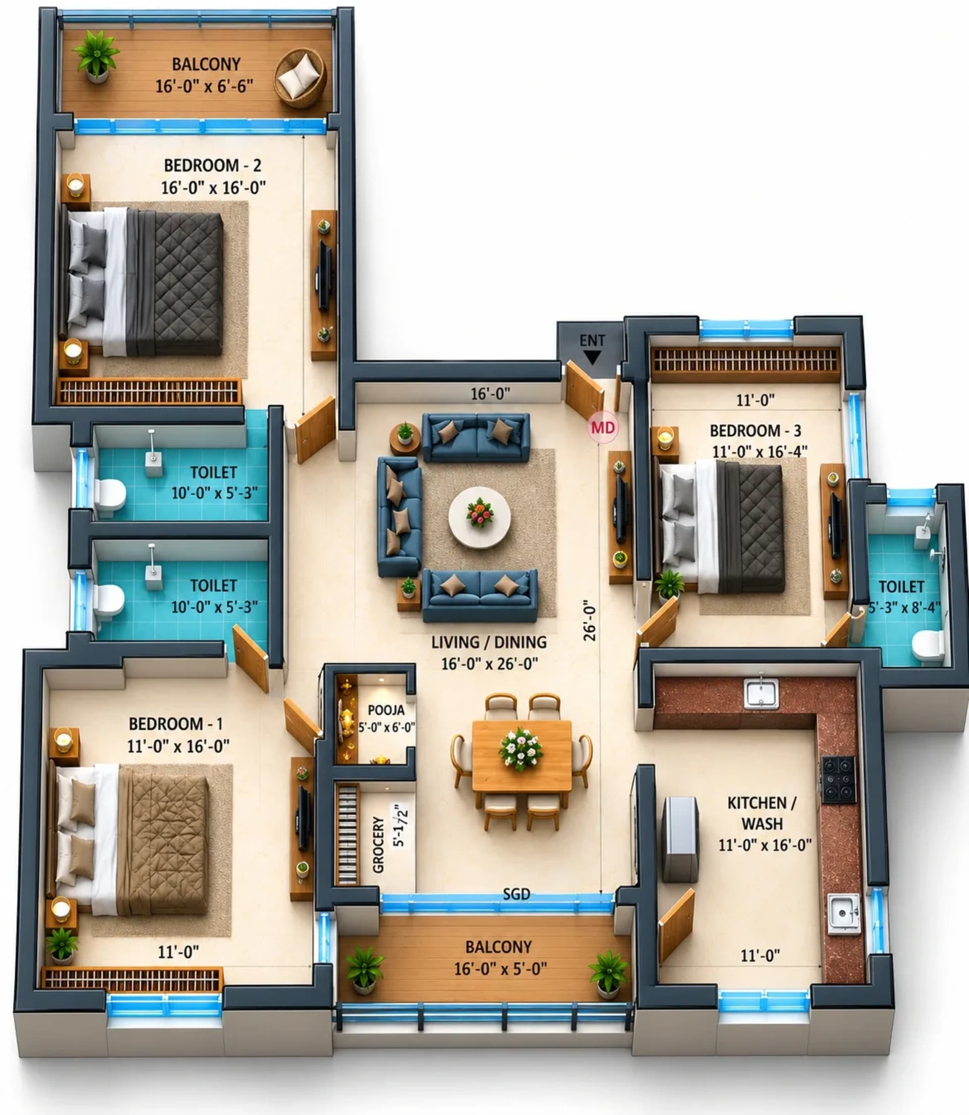 3 BHK Apartment Floor Plan – Dhiyas Sai Rishabham