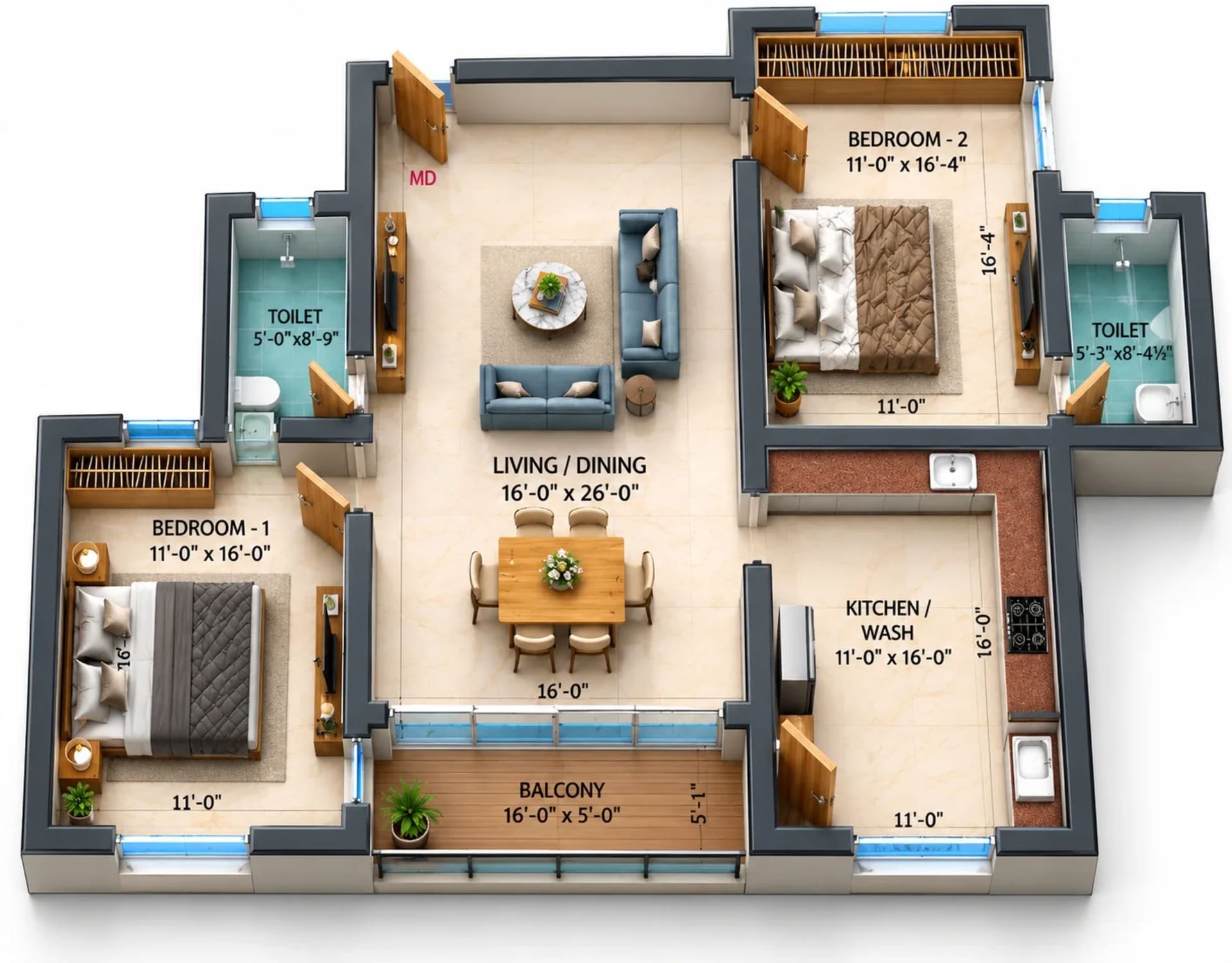 2 BHK Apartment floor plan — 1,467 sqft