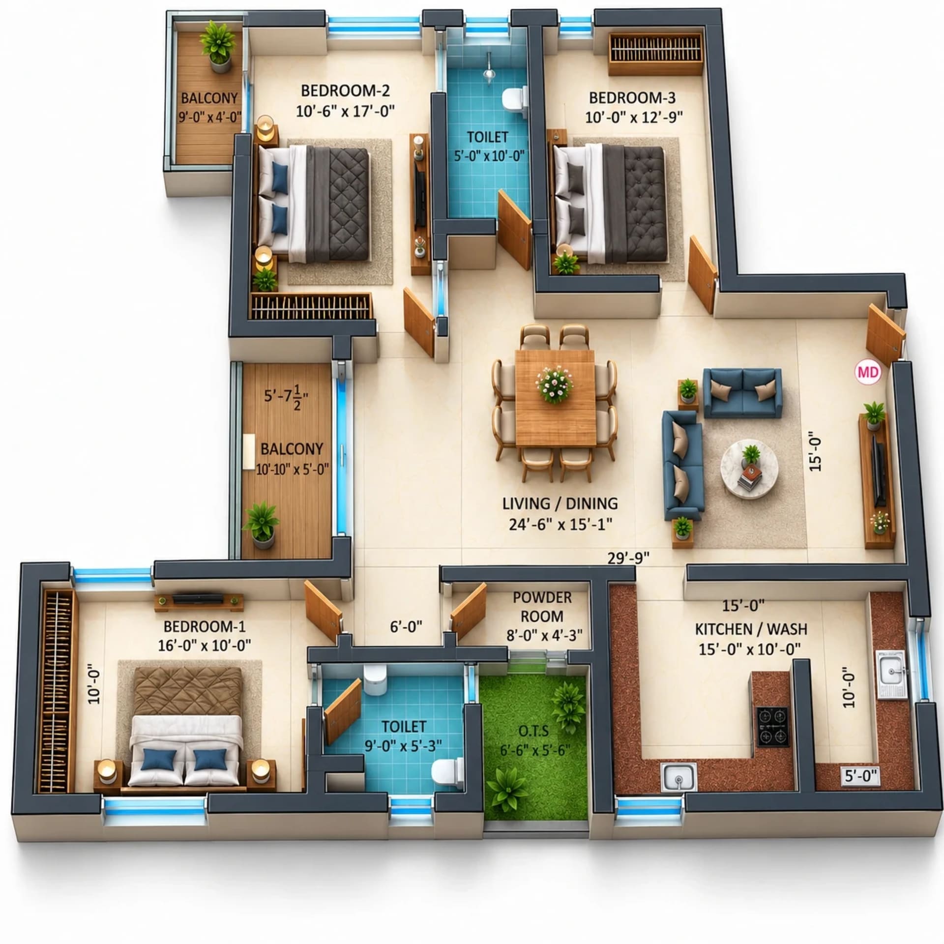 3 BHK Apartment Floor Plan – Dhiyas Sai Rishabham