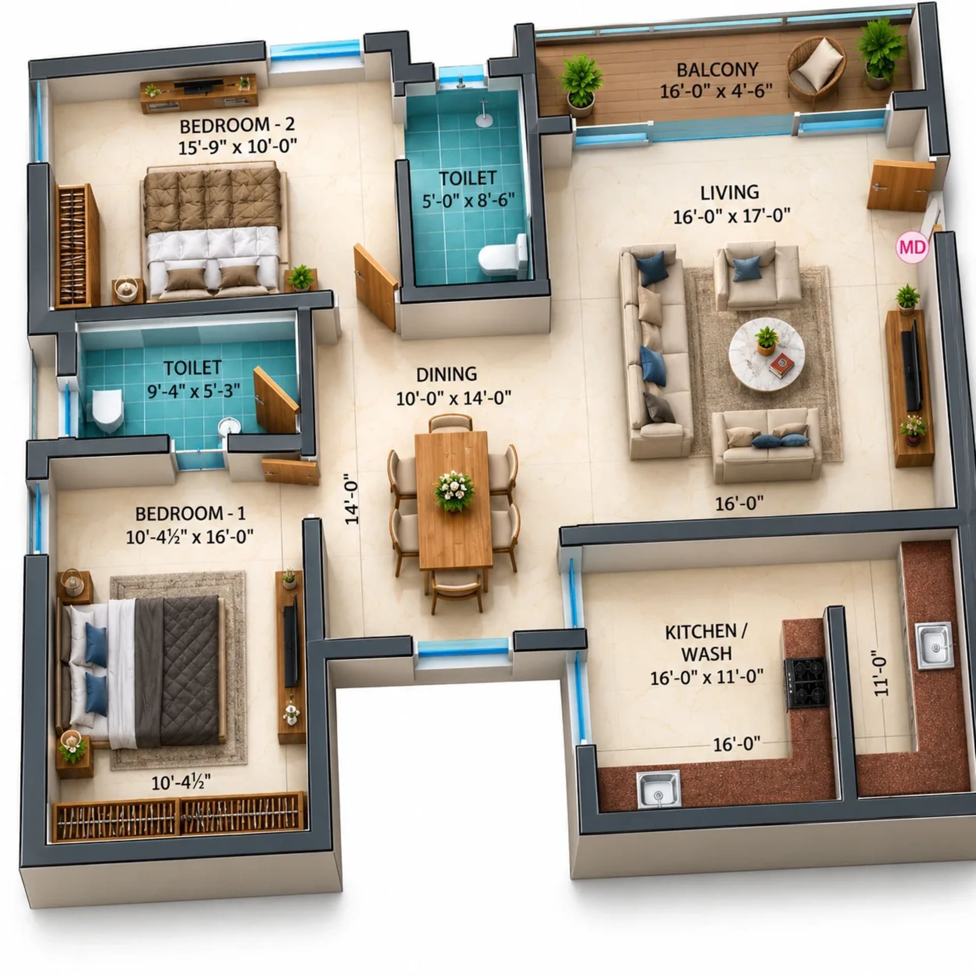 2 BHK Apartment floor plan — 1,427 sqft