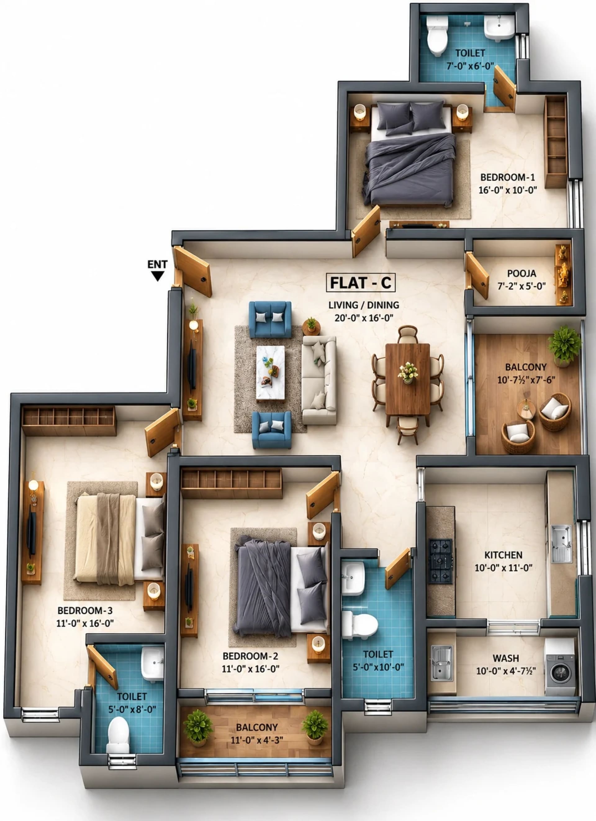 3 BHK Apartment floor plan — 1,785 sqft