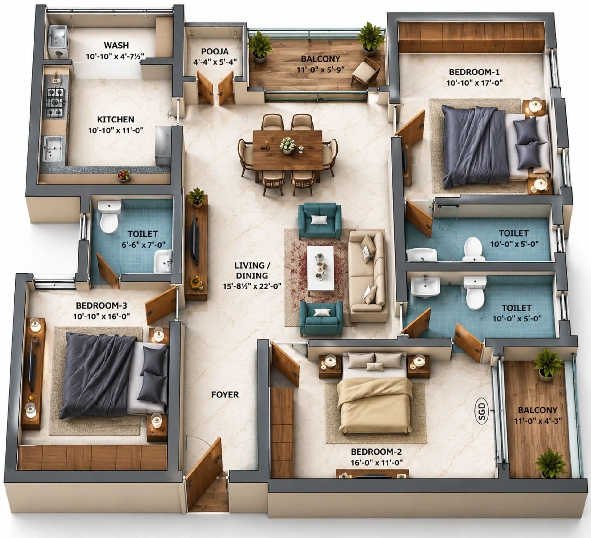 3 BHK Apartment floor plan — 1,851 sqft