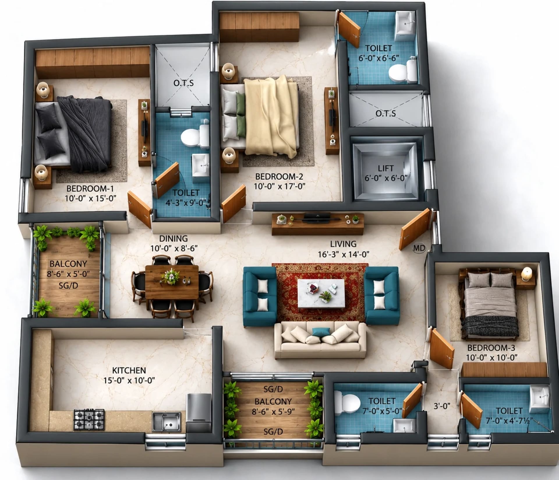 3 BHK Apartment Floor Plan – Dhiyas Sai Shree Lakshmi