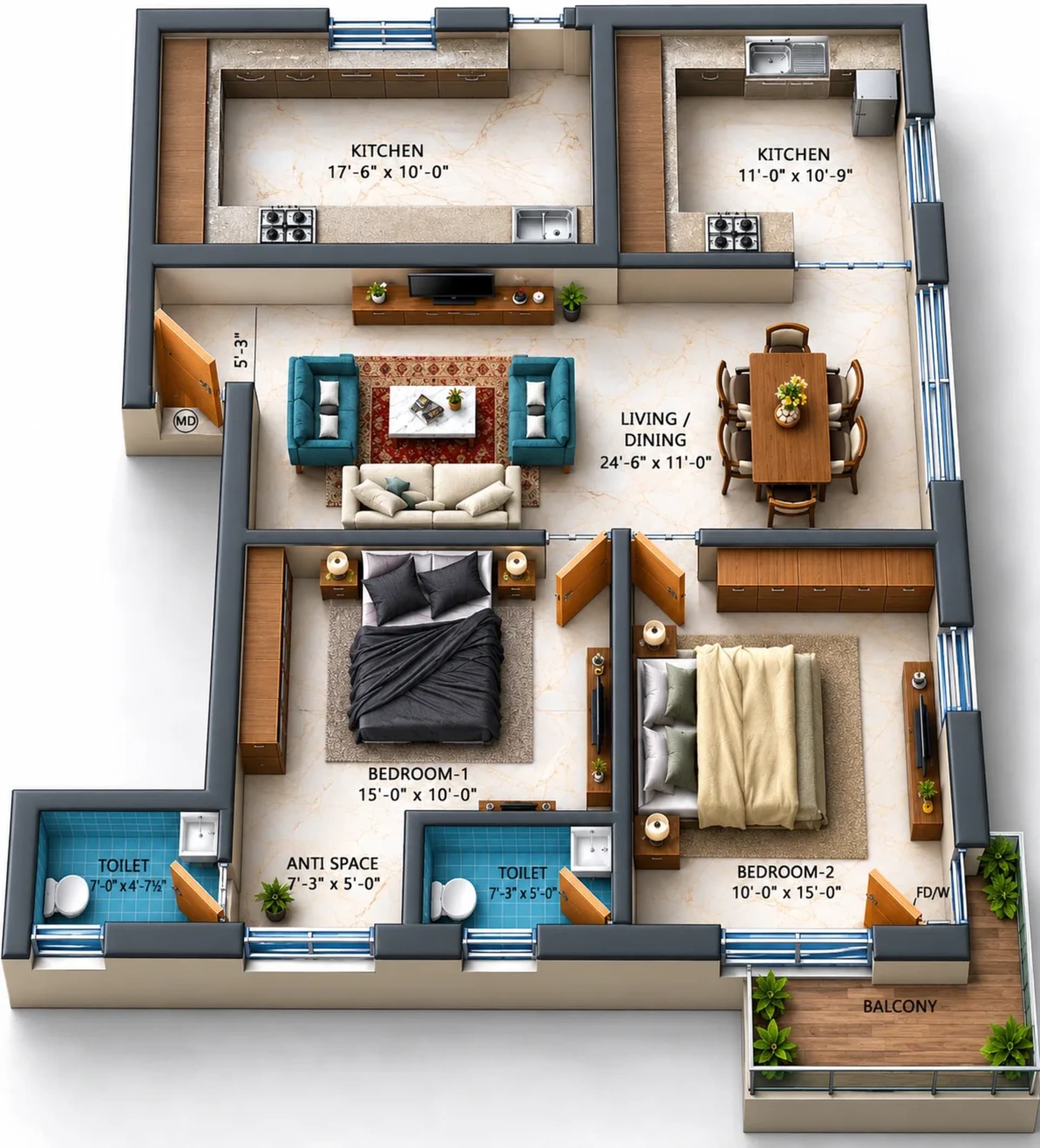 2 BHK Apartment floor plan — 1,195 sqft