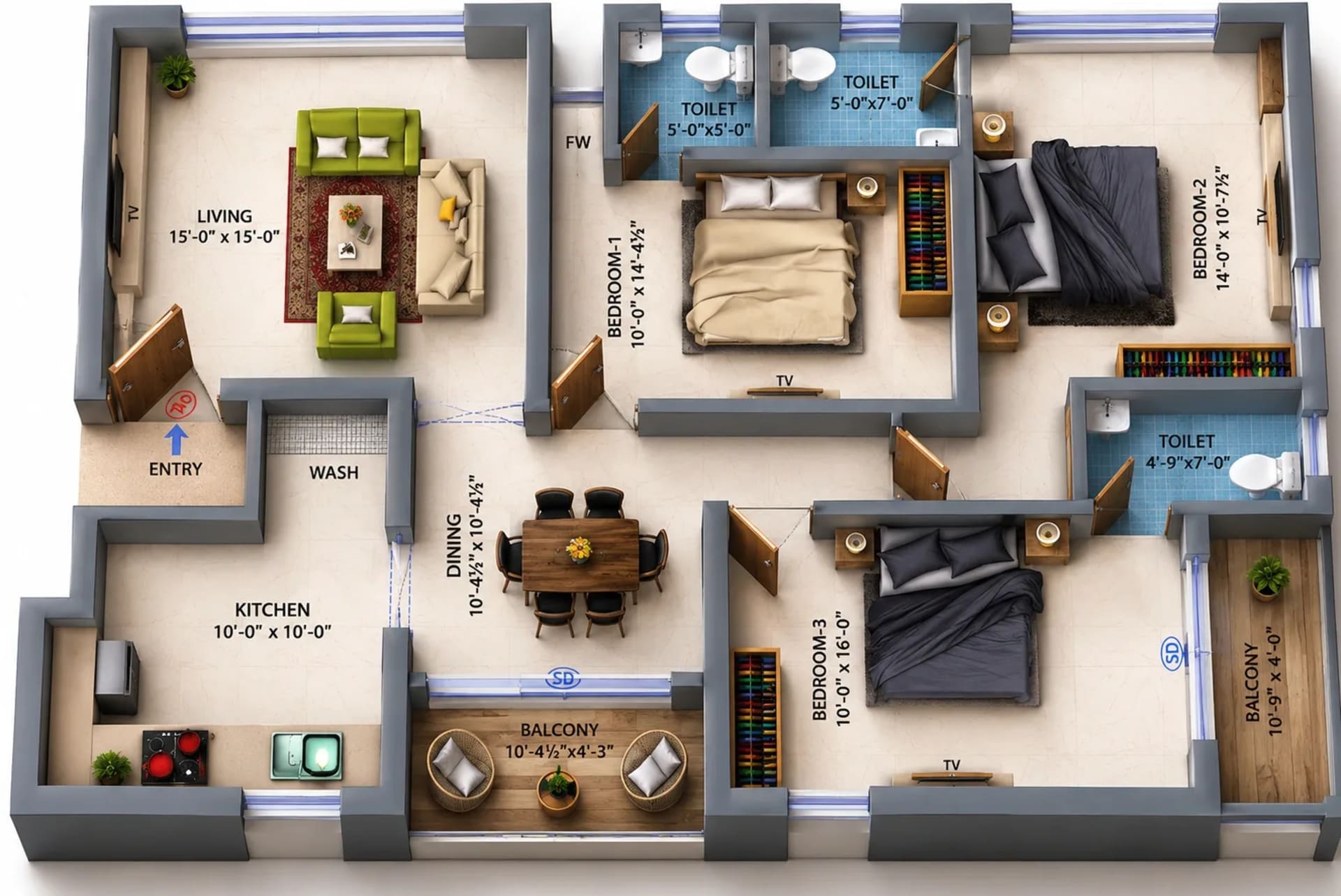 3 BHK Apartment floor plan — 1,600 sqft