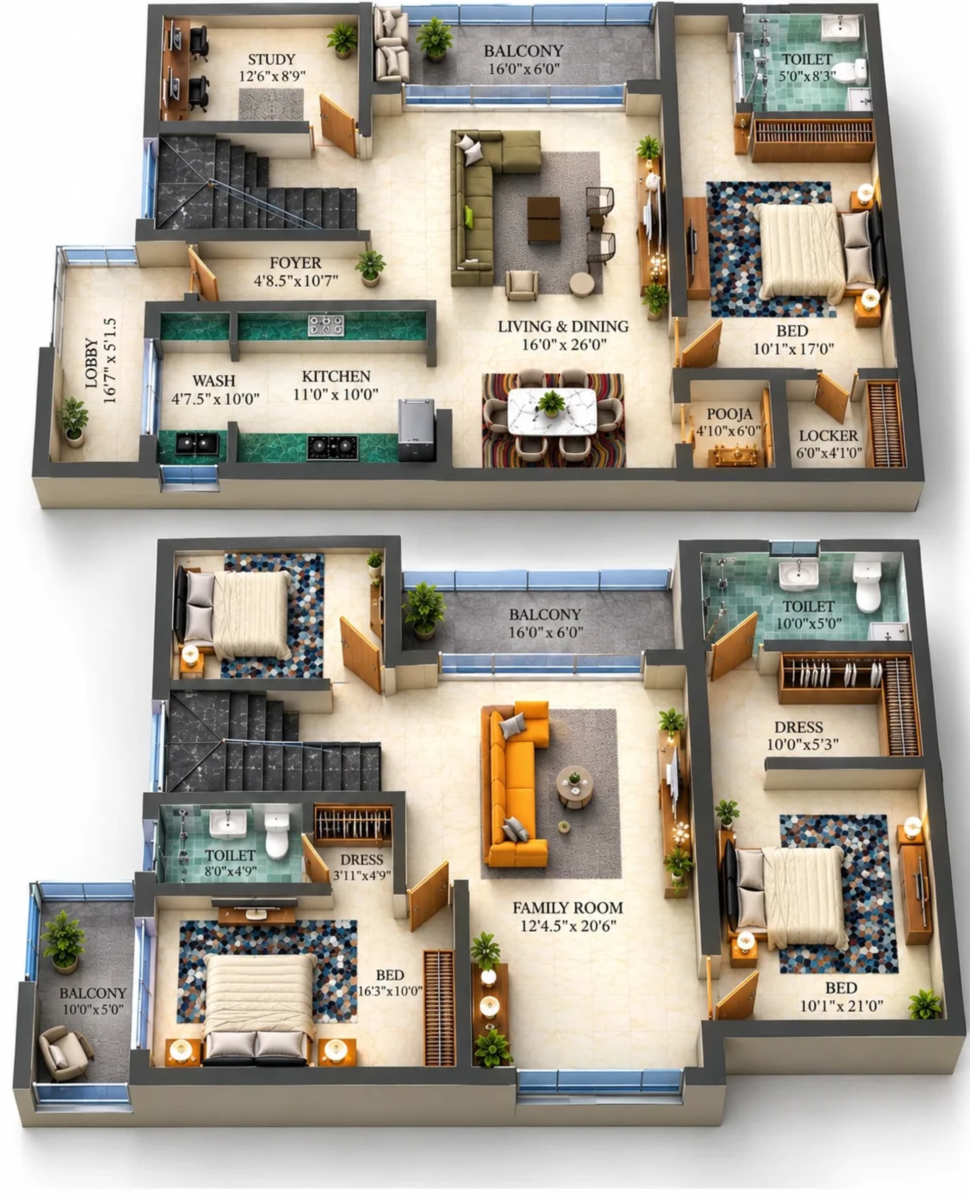 4 BHK Apartment floor plan — 3,302 sqft