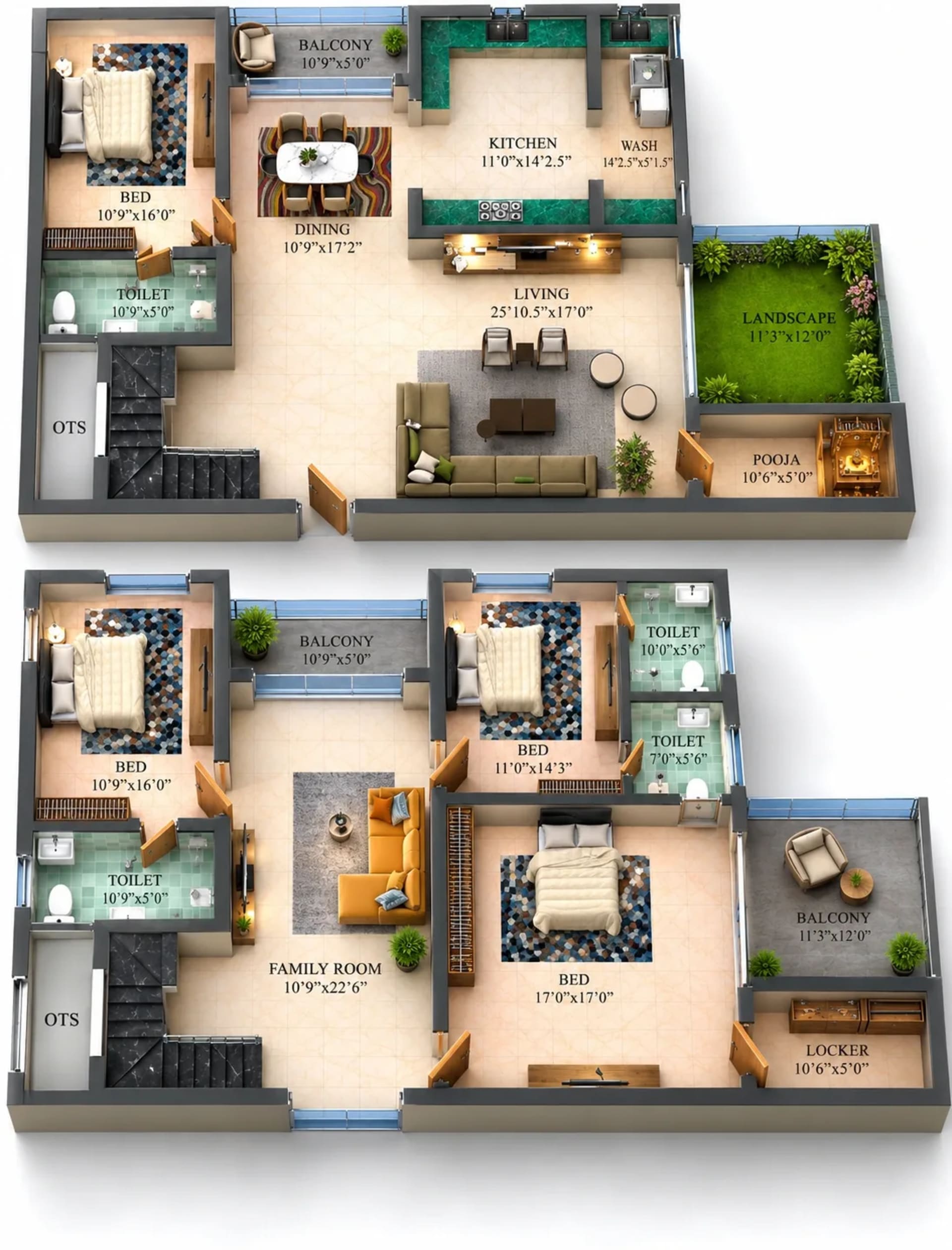 4 BHK Apartment floor plan — 3,098 sqft