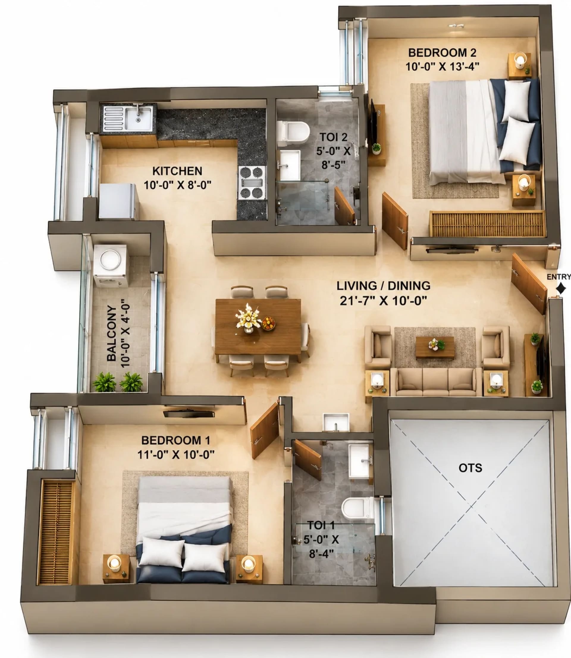 2 BHK Apartment floor plan — 1,051 sqft