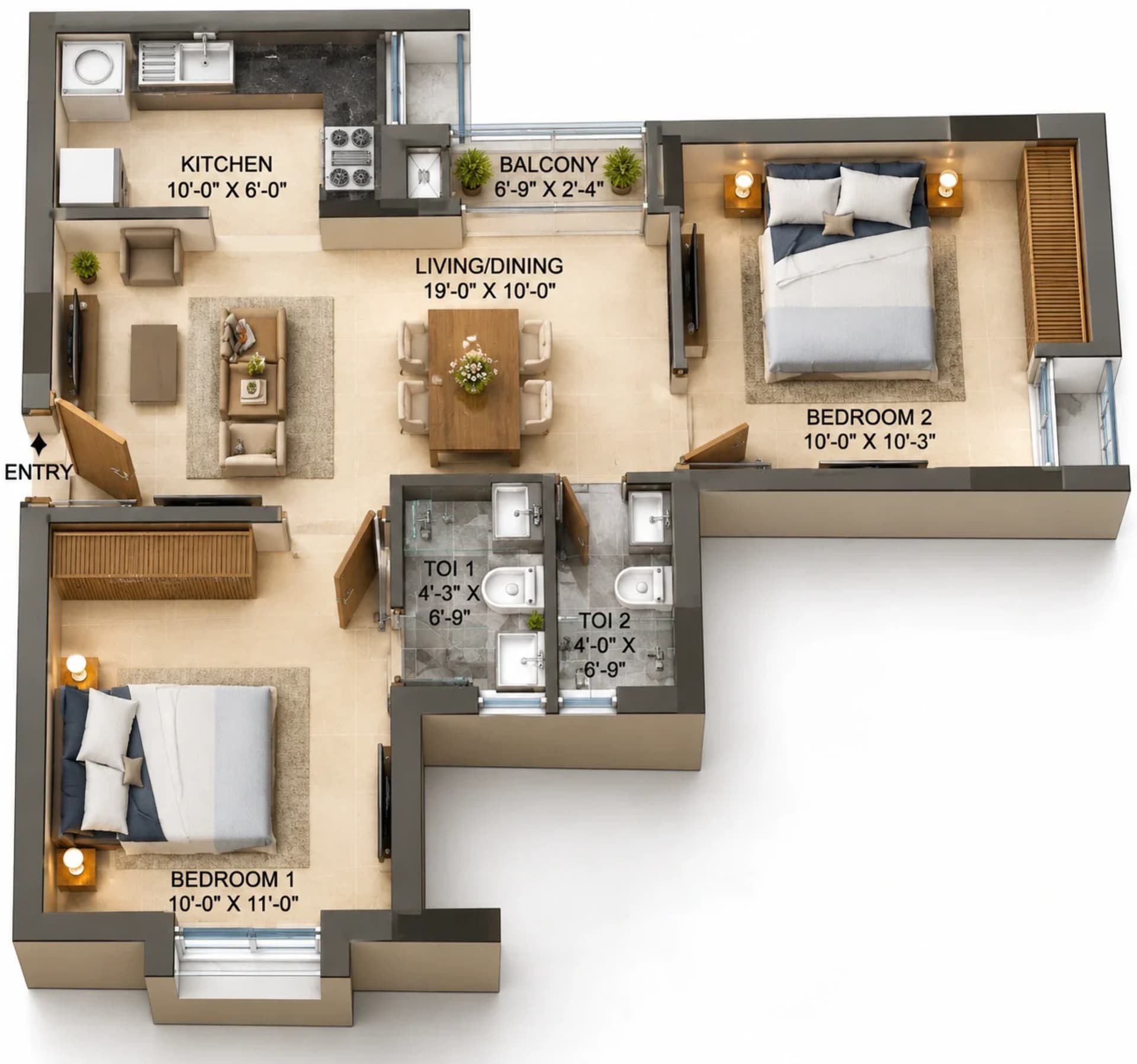 2 BHK Apartment floor plan — 837 sqft