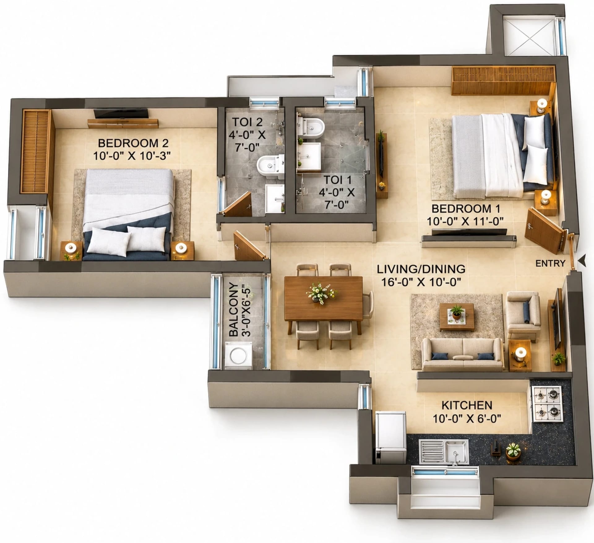 2 BHK Apartment floor plan — 827 sqft