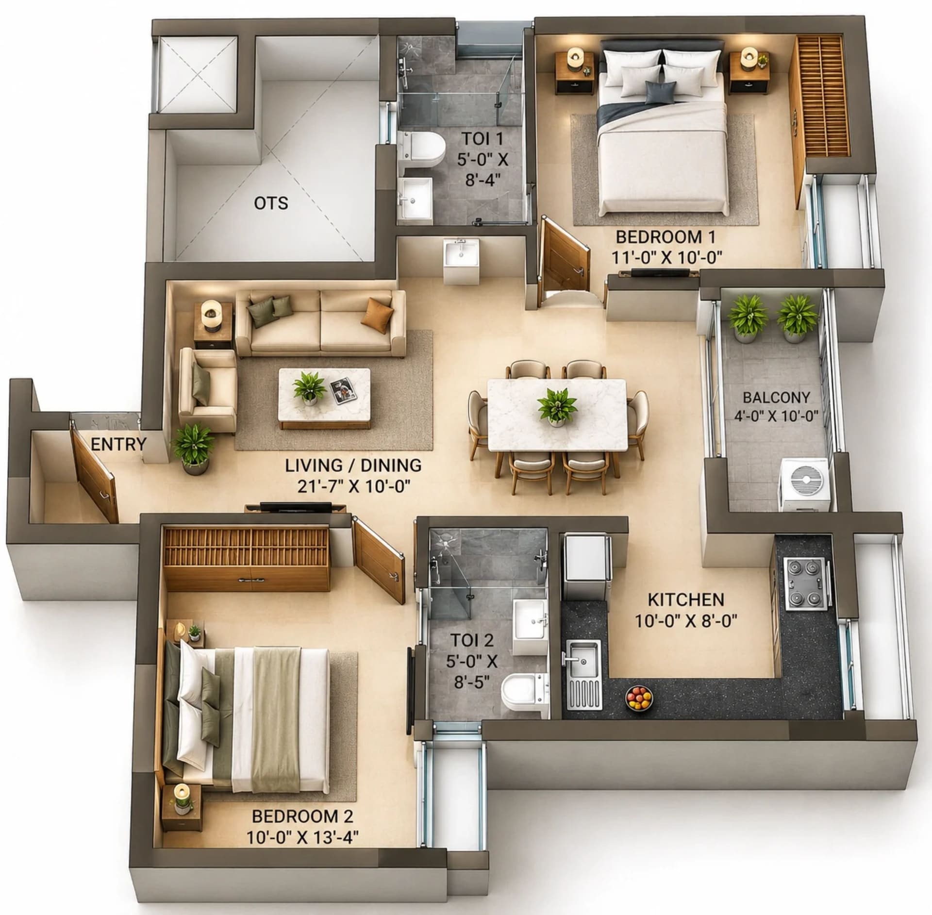2 BHK Apartment floor plan — 1,105 sqft
