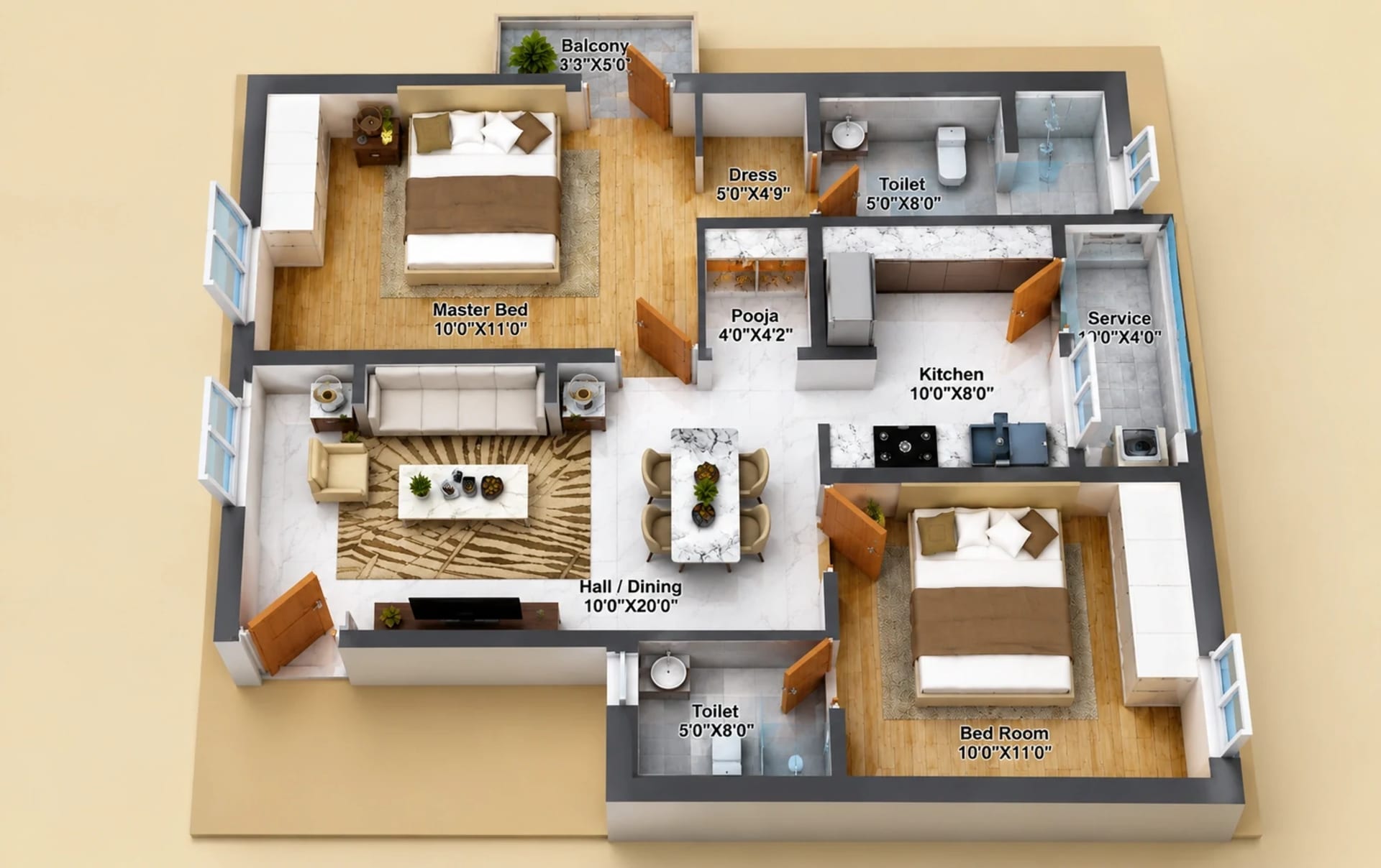 2 BHK Apartment floor plan — 1,091 sqft