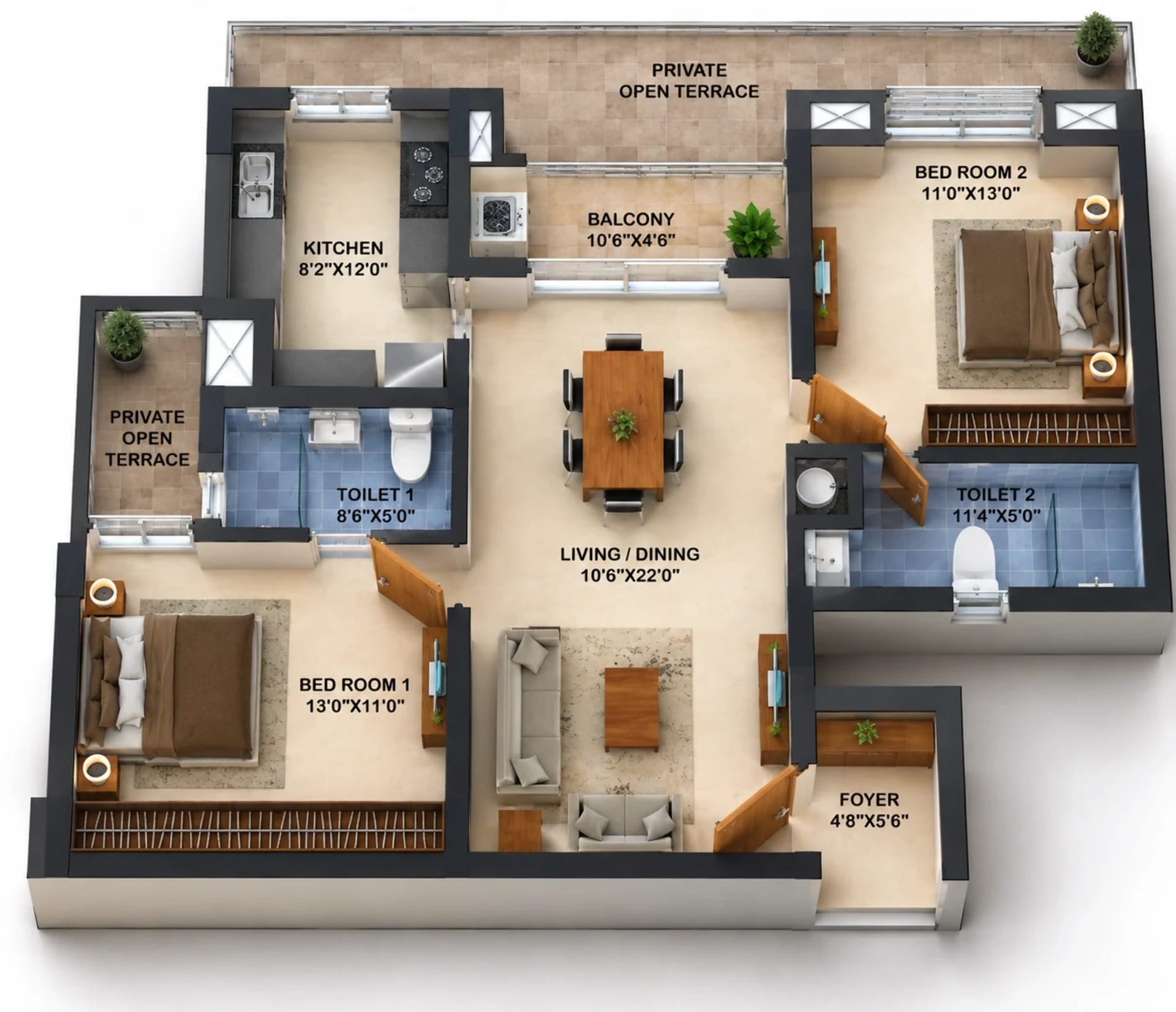 2 BHK Apartment floor plan — 1,225 sqft
