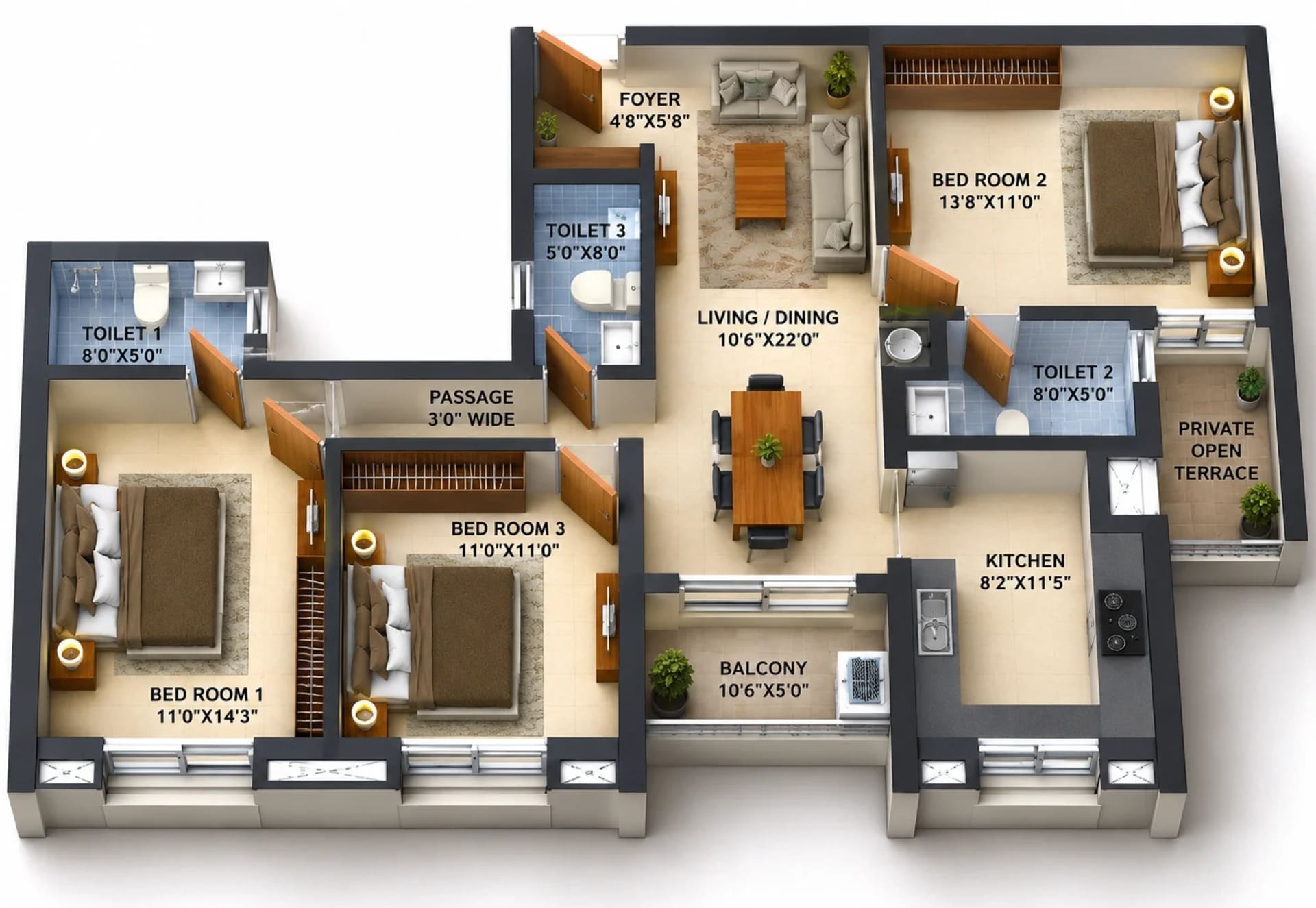 3 BHK Apartment Floor Plan – Infinium Crimson Crest