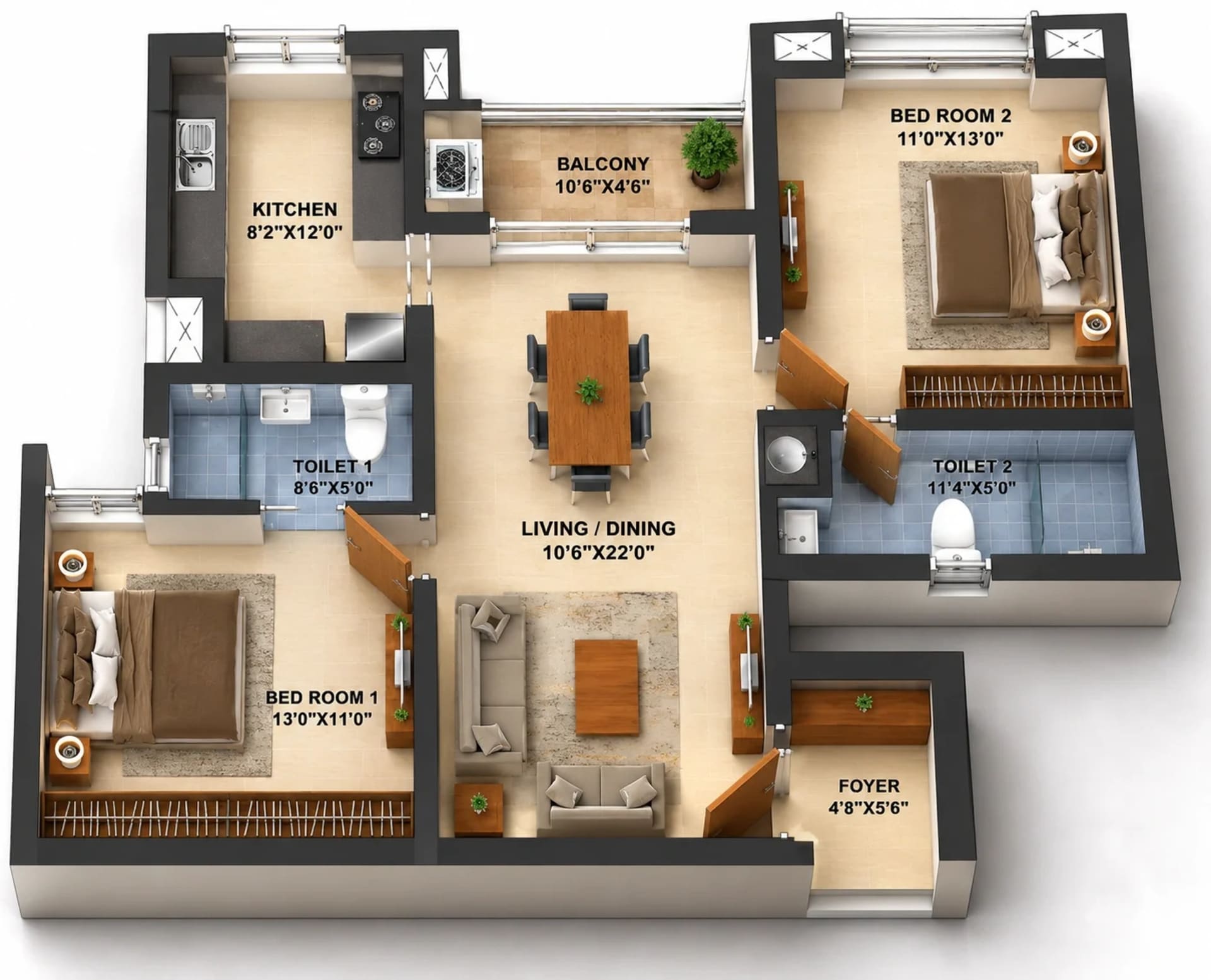 2 BHK Apartment floor plan — 1,226 sqft