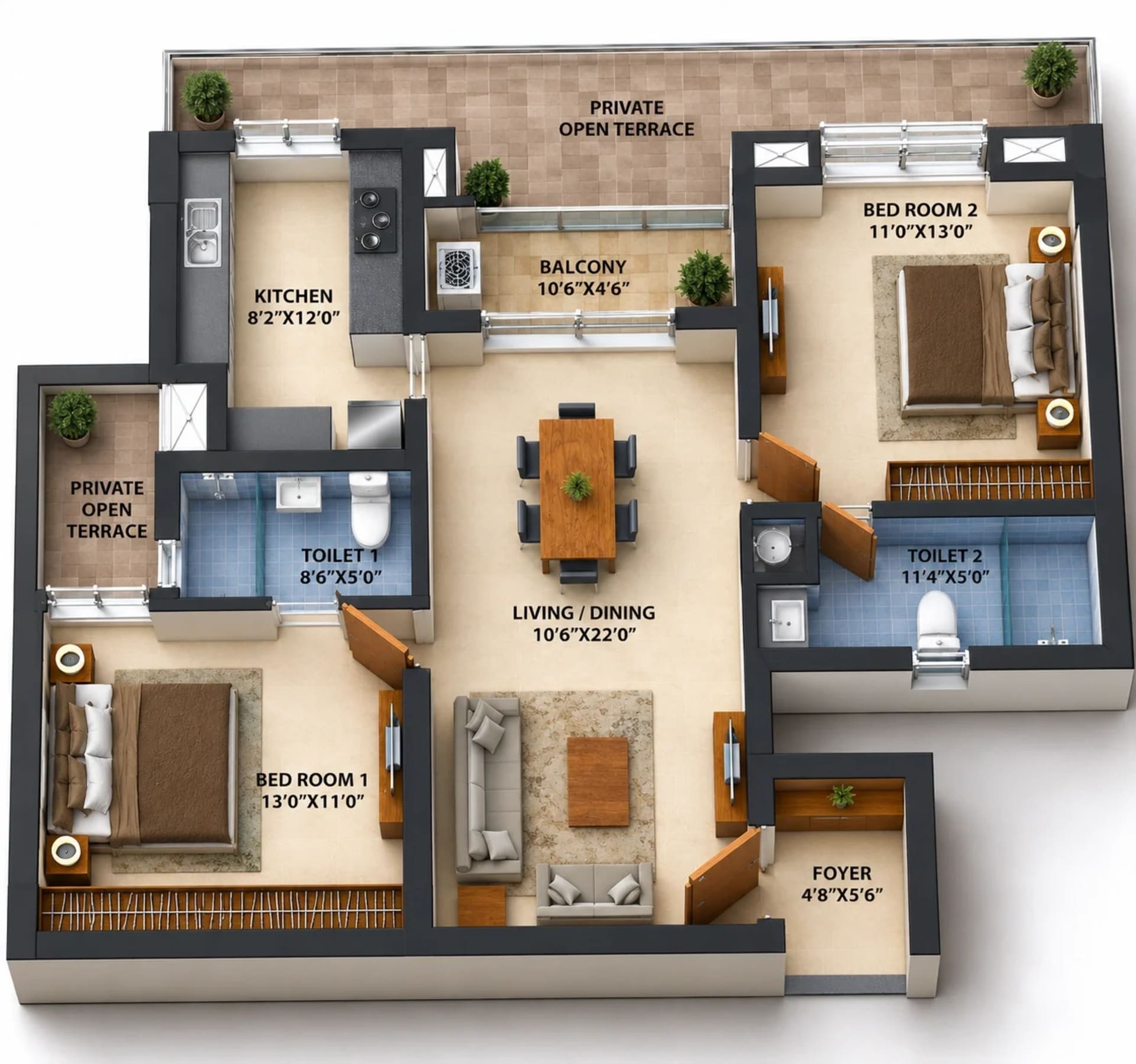2 BHK Apartment floor plan — 1,233 sqft