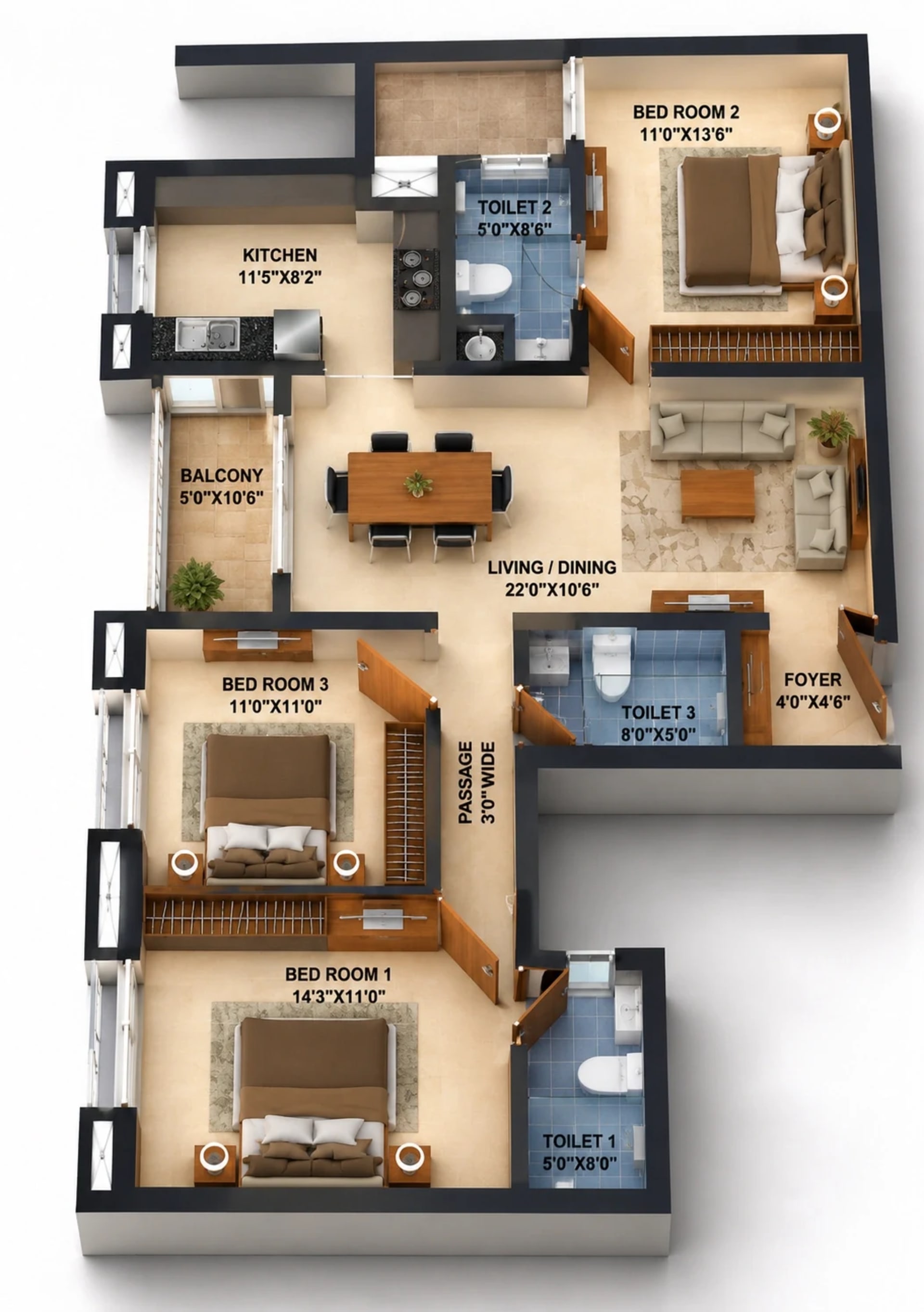 3 BHK Apartment Floor Plan – Infinium Crimson Crest