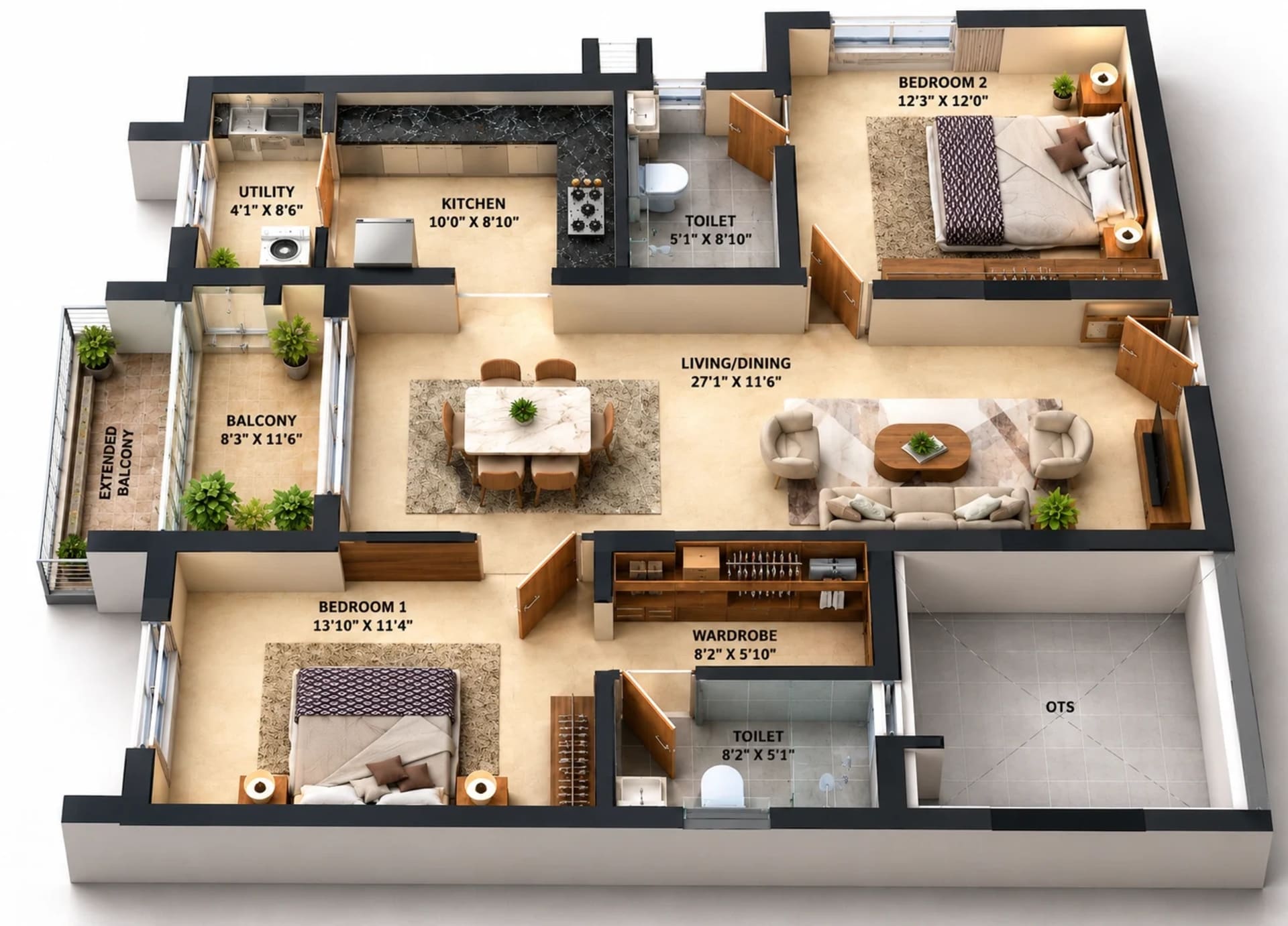2 BHK Apartment floor plan — 1,380 sqft