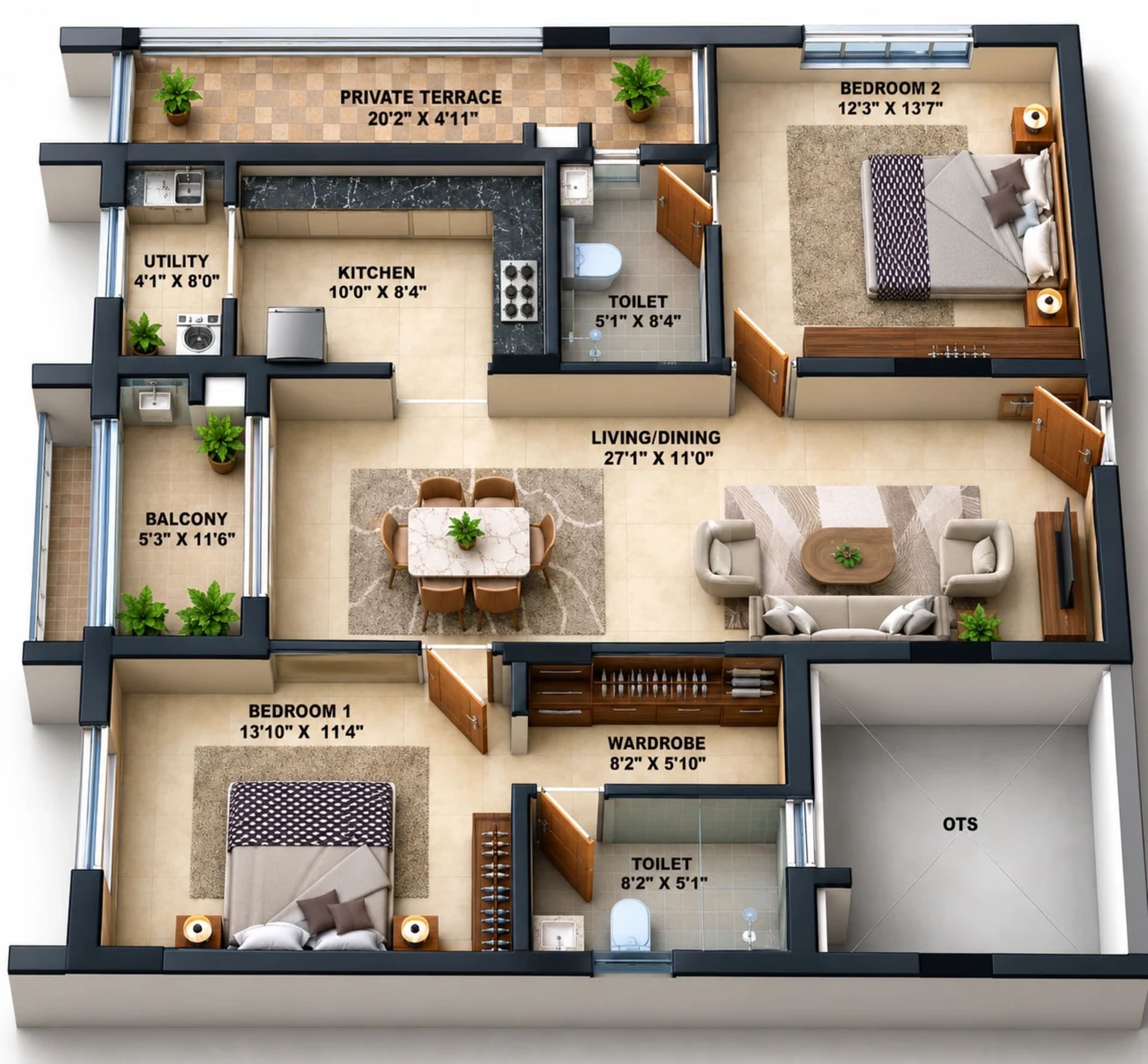 2 BHK Apartment floor plan — 1,390 sqft