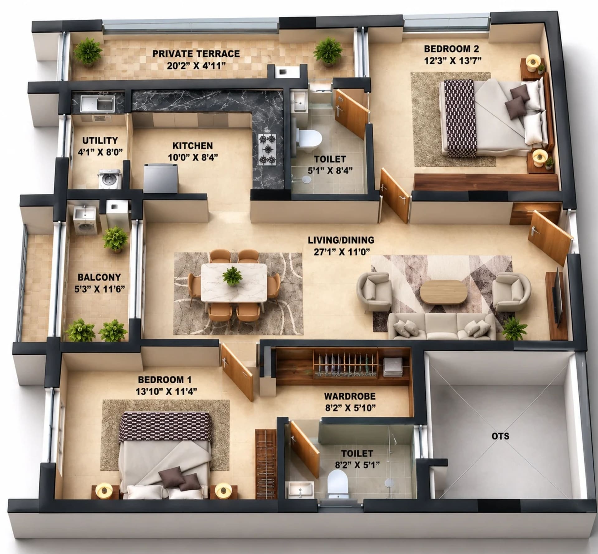 2 BHK Apartment floor plan — 1,394 sqft