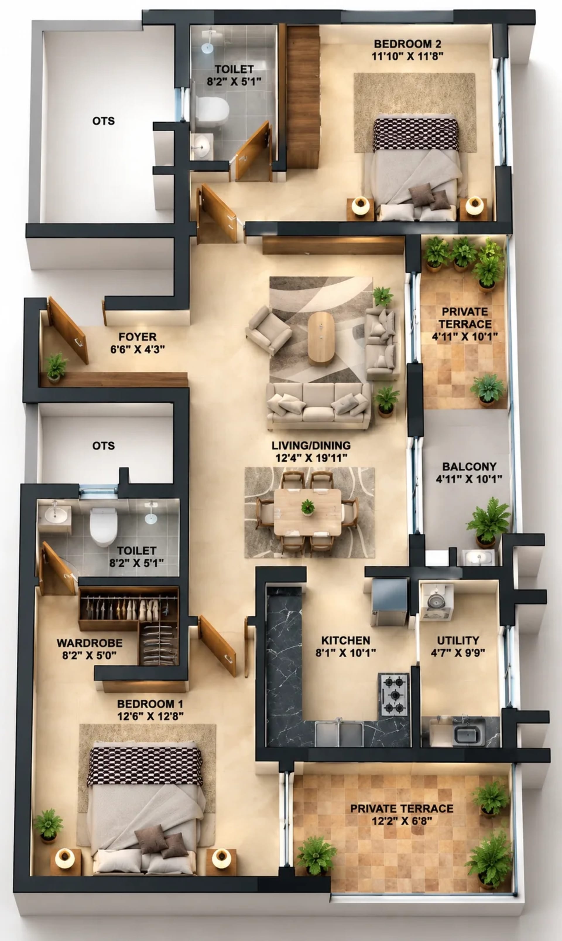 2 BHK Apartment floor plan — 1,466 sqft