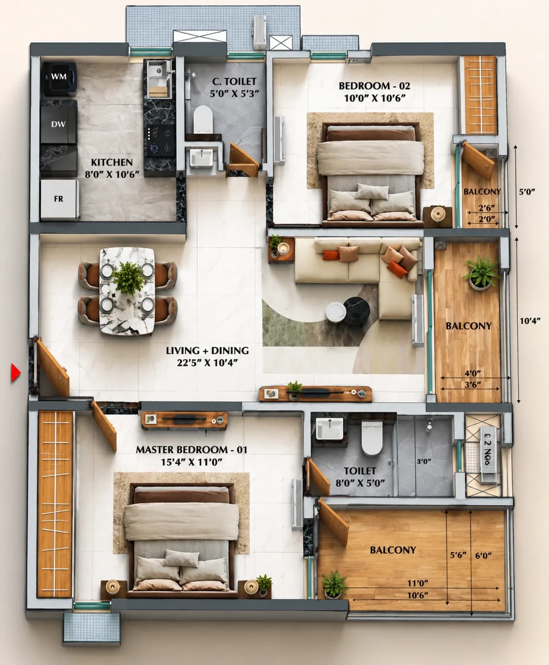 2 BHK Premium Apartment floor plan — 1,268 sqft