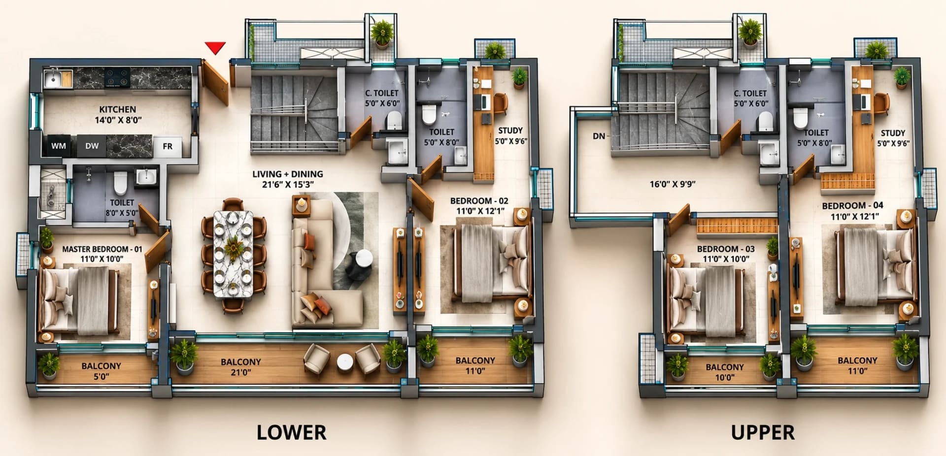 4 BHK Duplex Apartment Floor Plan – TVS Emerald Avalon