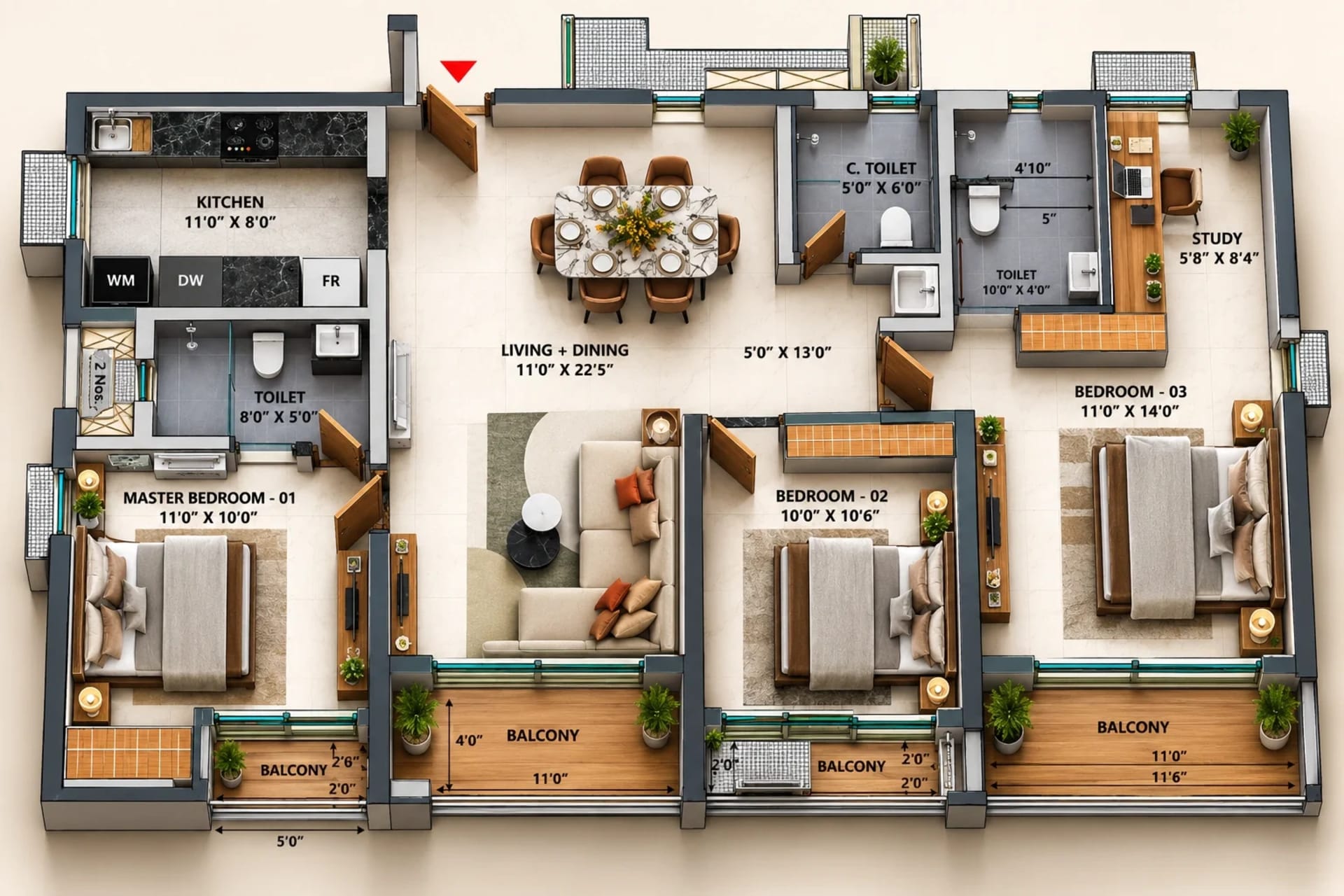 3 BHK Premium Apartment Floor Plan – TVS Emerald Avalon