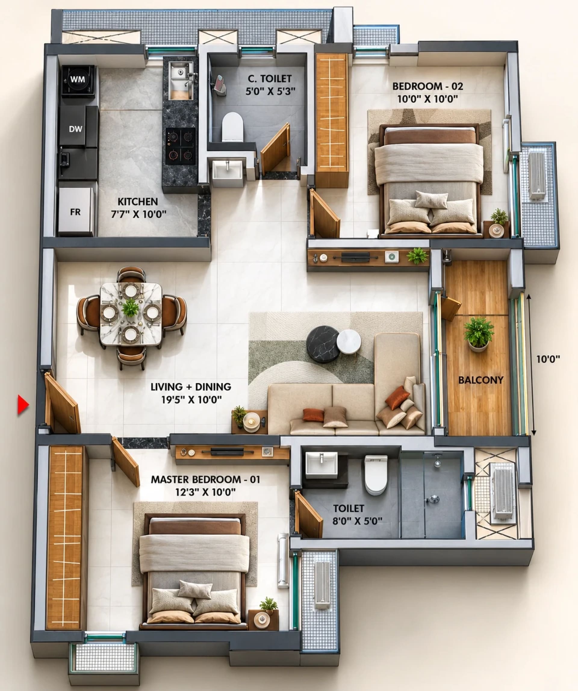 2 BHK Classic Apartment floor plan — 970 sqft