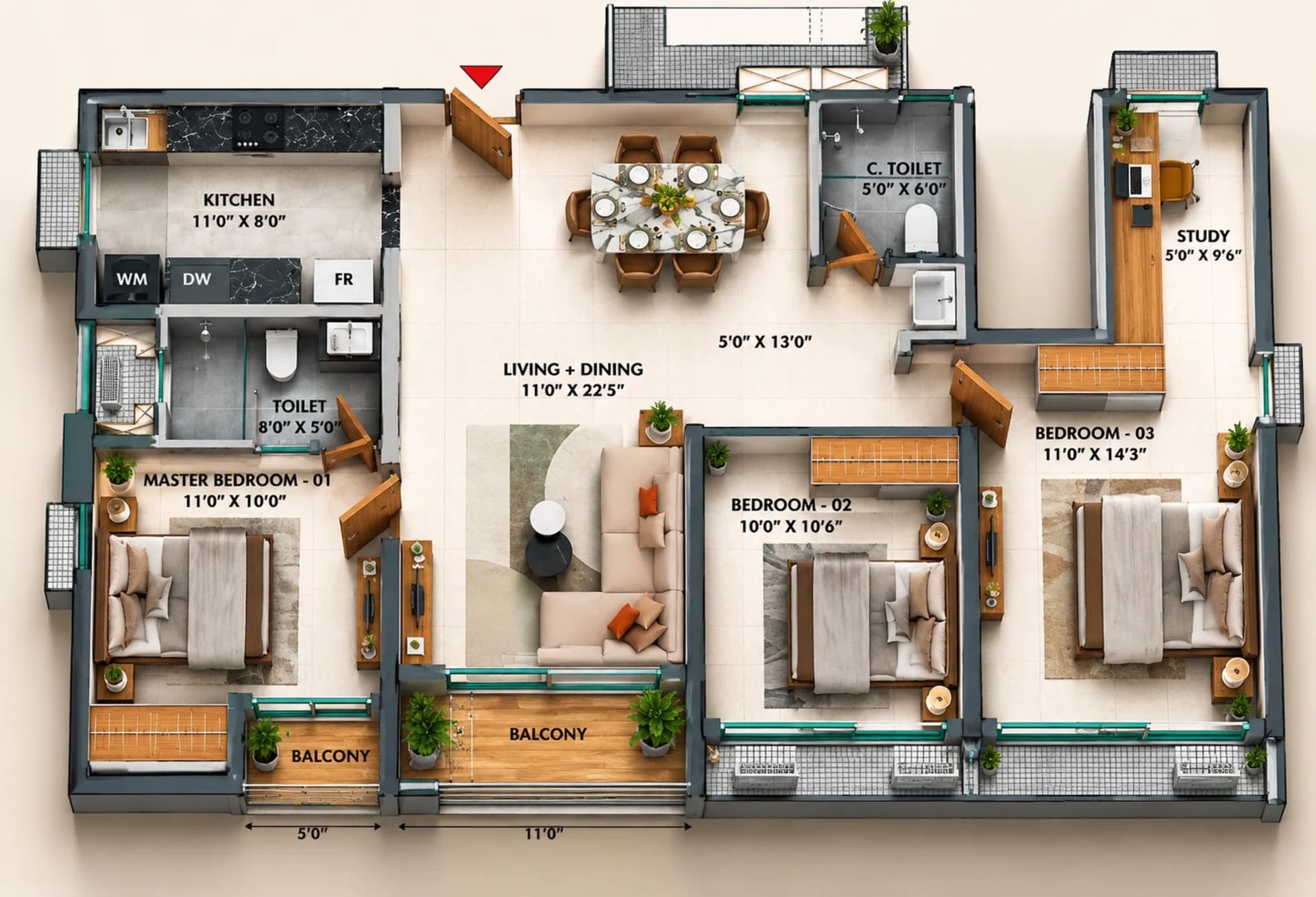 3 BHK Classic Apartment Floor Plan – TVS Emerald Avalon