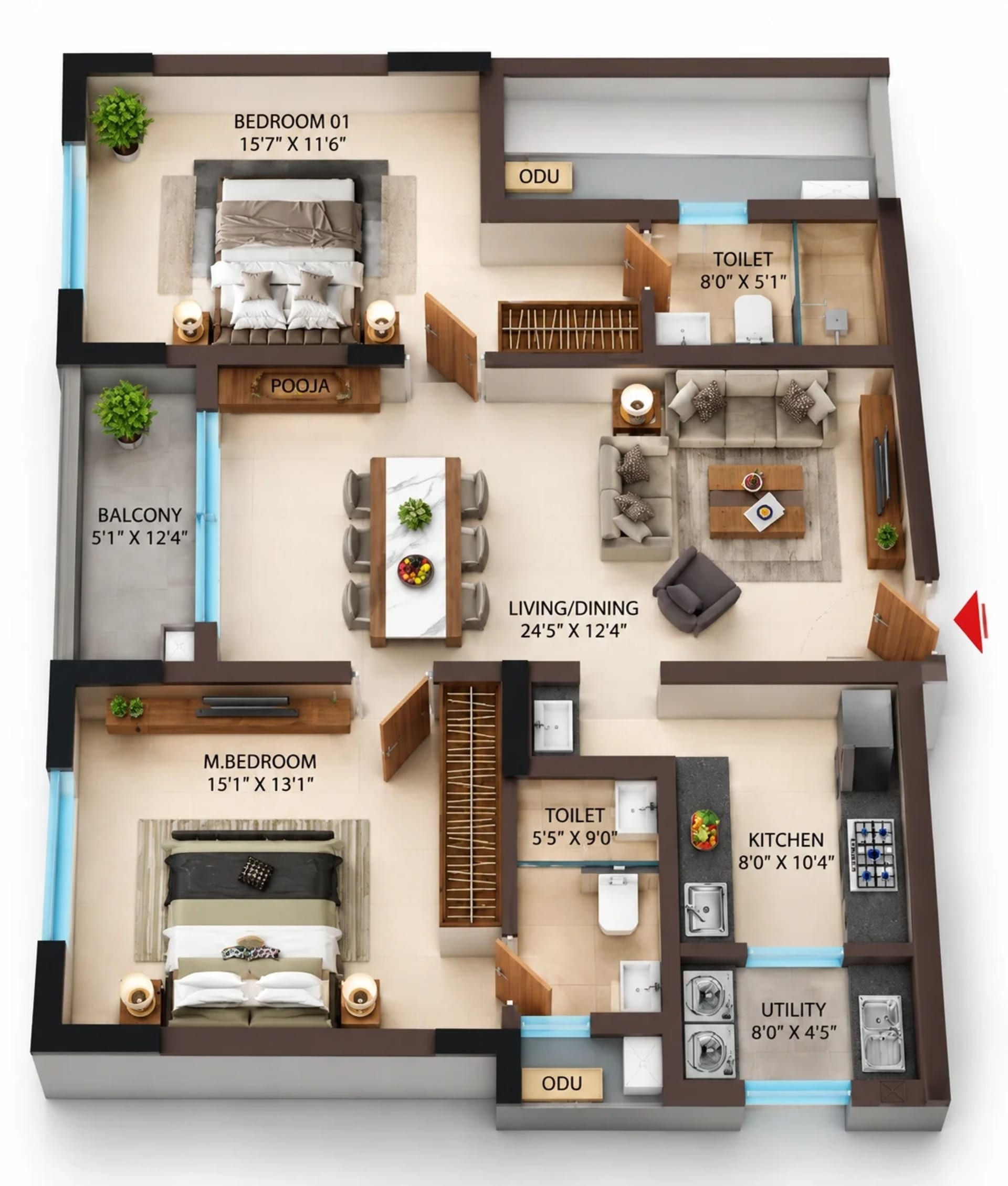 2 BHK Apartment floor plan — 1,581 sqft