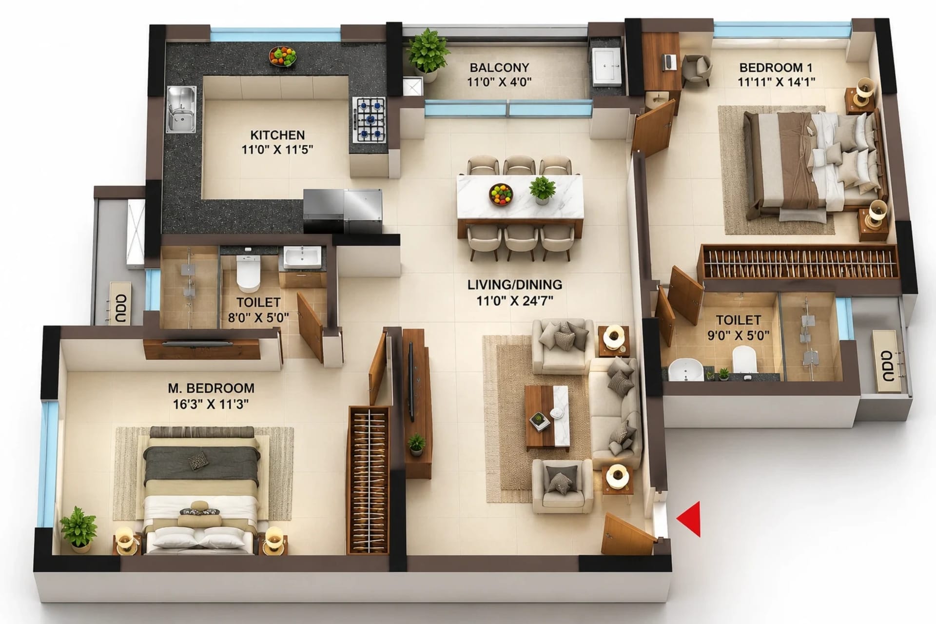 2 BHK Apartment floor plan — 1,377 sqft