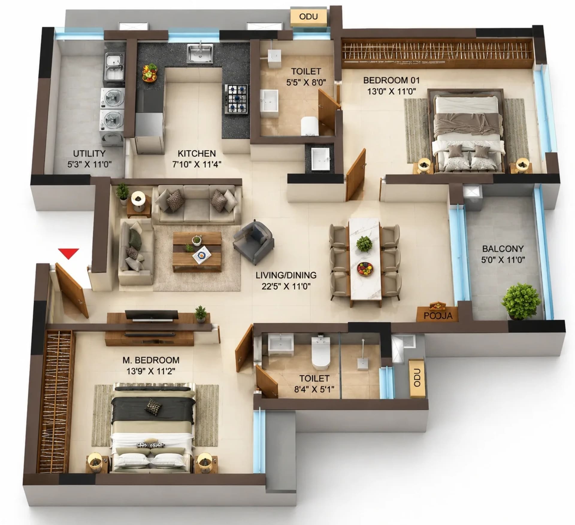 2 BHK Apartment floor plan — 1,395 sqft