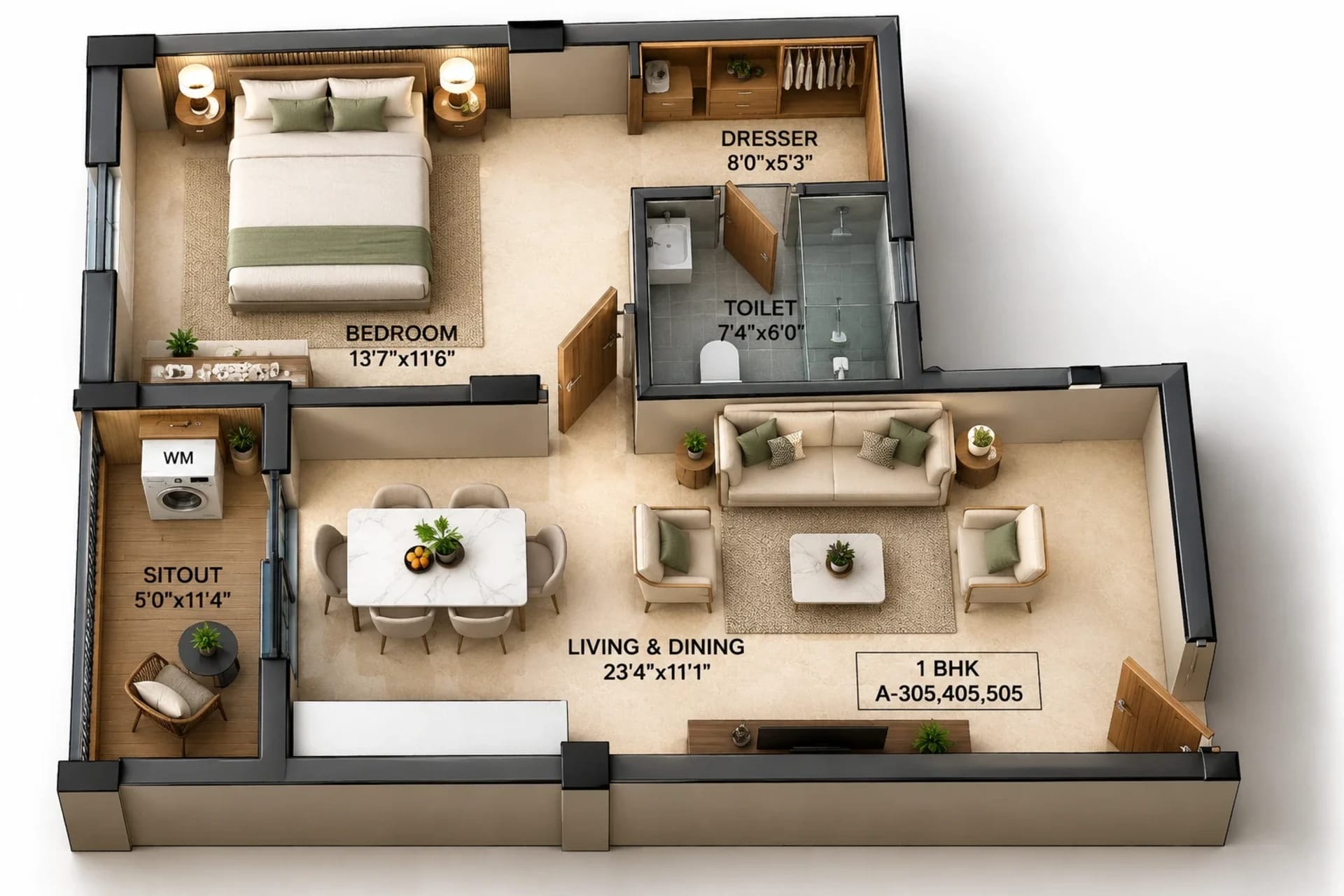 1 BHK Apartment floor plan — 793 sqft