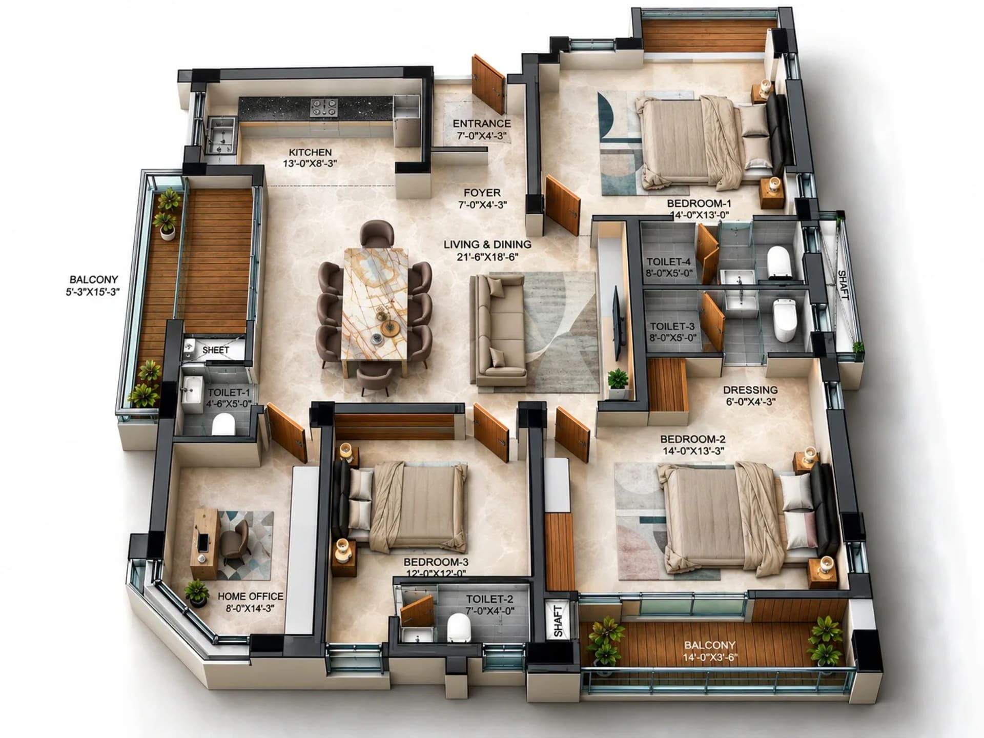 3 BHK Apartment floor plan — 2,160 sqft