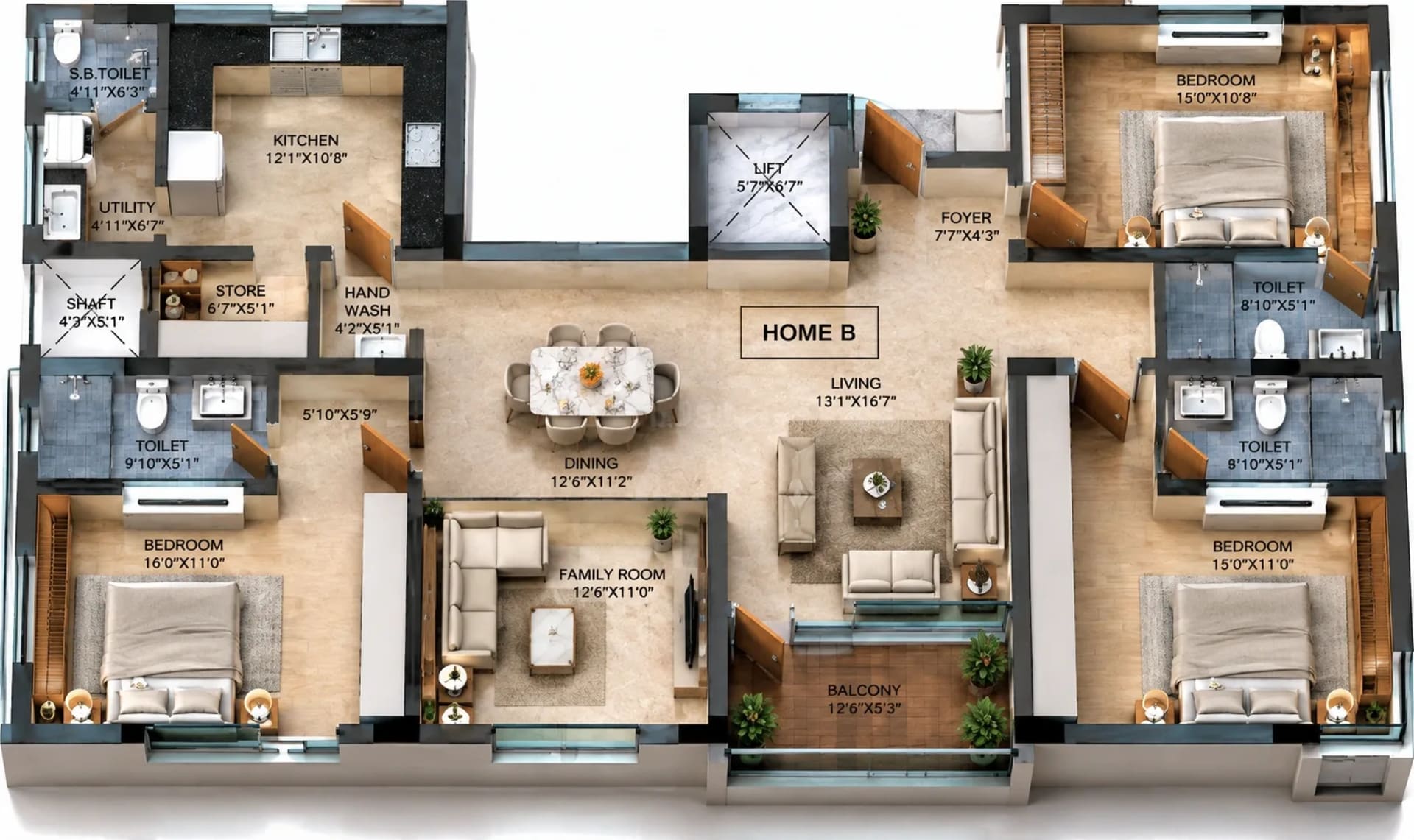 3 BHK Apartment floor plan — 1,687 sqft