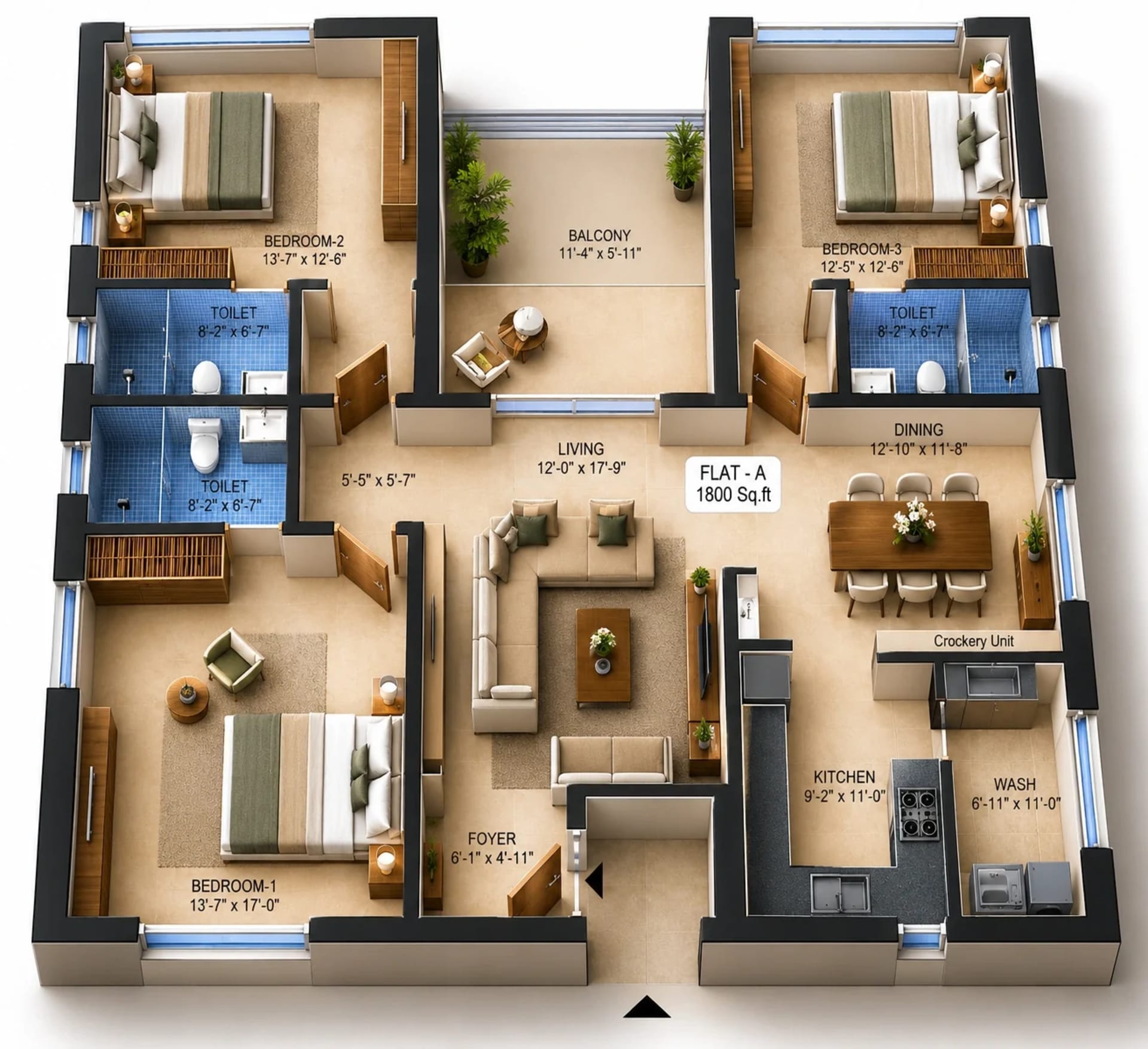 3 BHK Apartment floor plan — 1,800 sqft