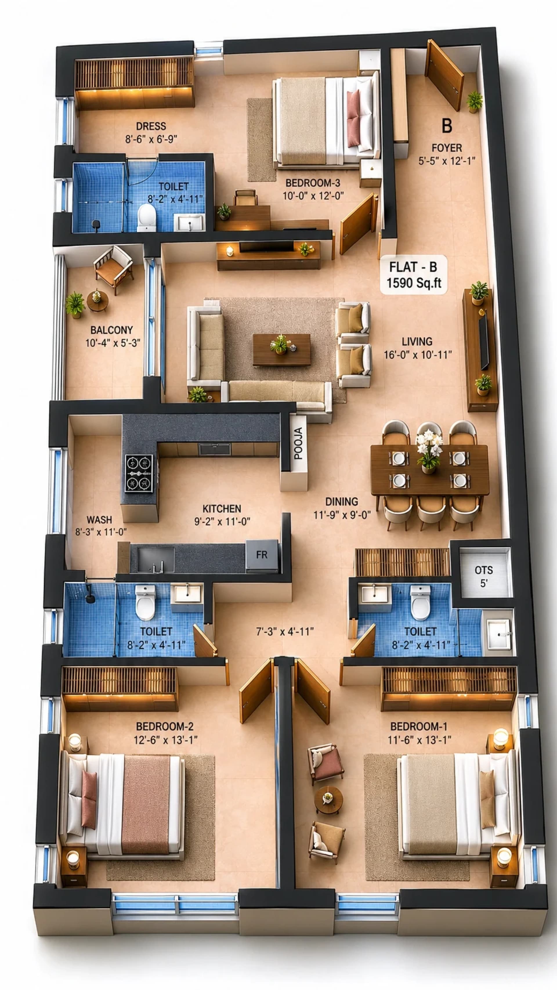 3 BHK Apartment floor plan — 1,590 sqft
