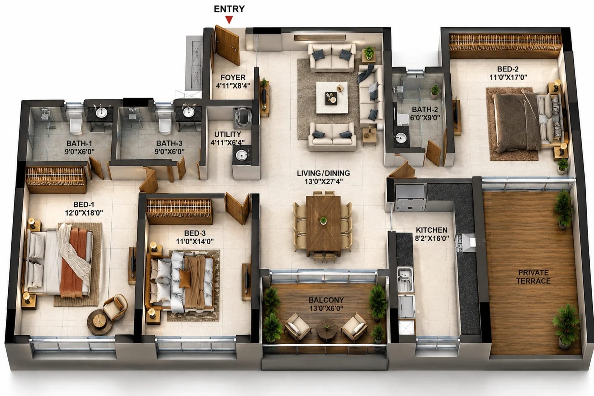 3 BHK Apartment – 2010 Sq.Ft. Floor Plan – Casagrand Ascentia