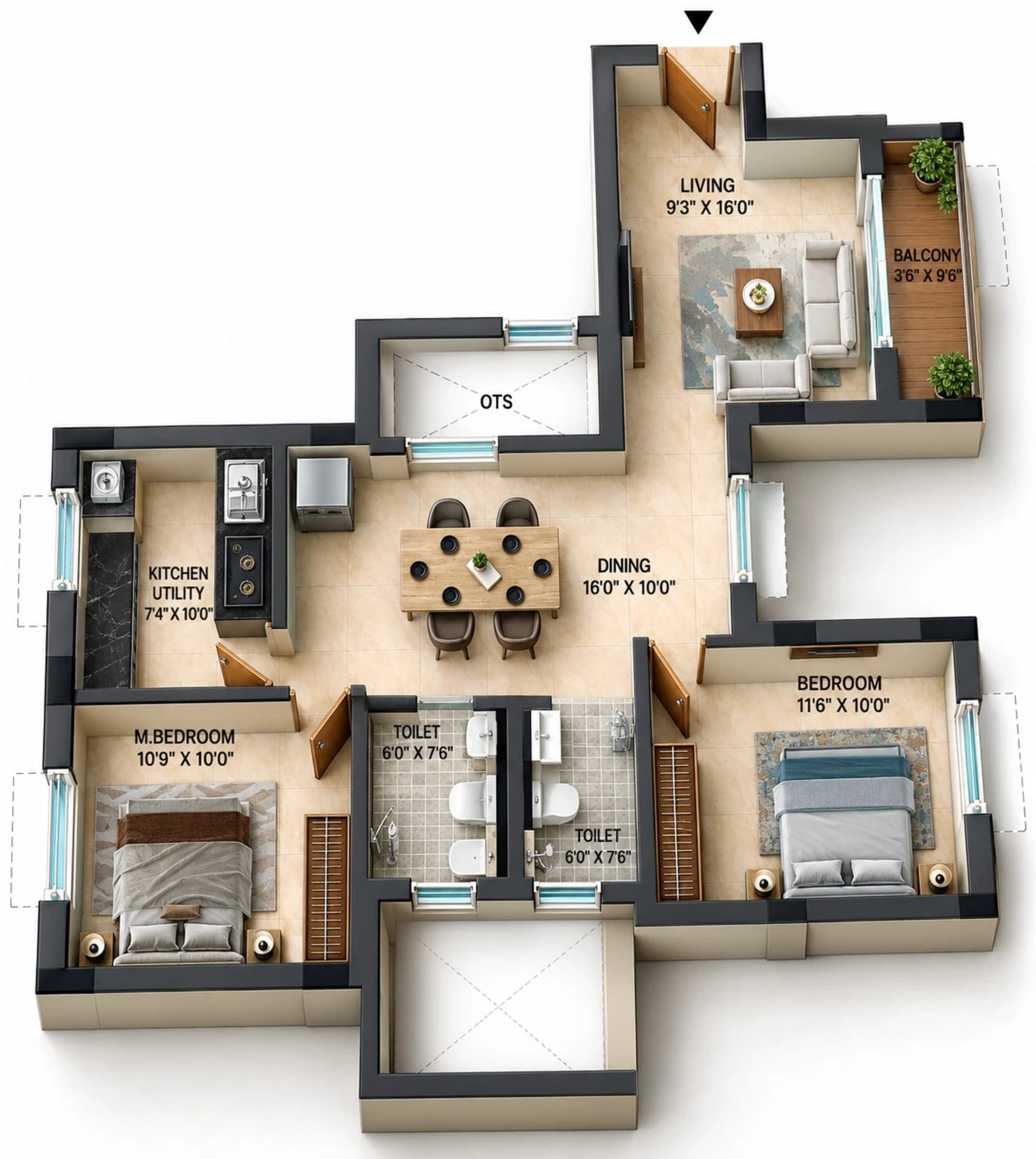 2 BHK Apartment floor plan — 973 sqft