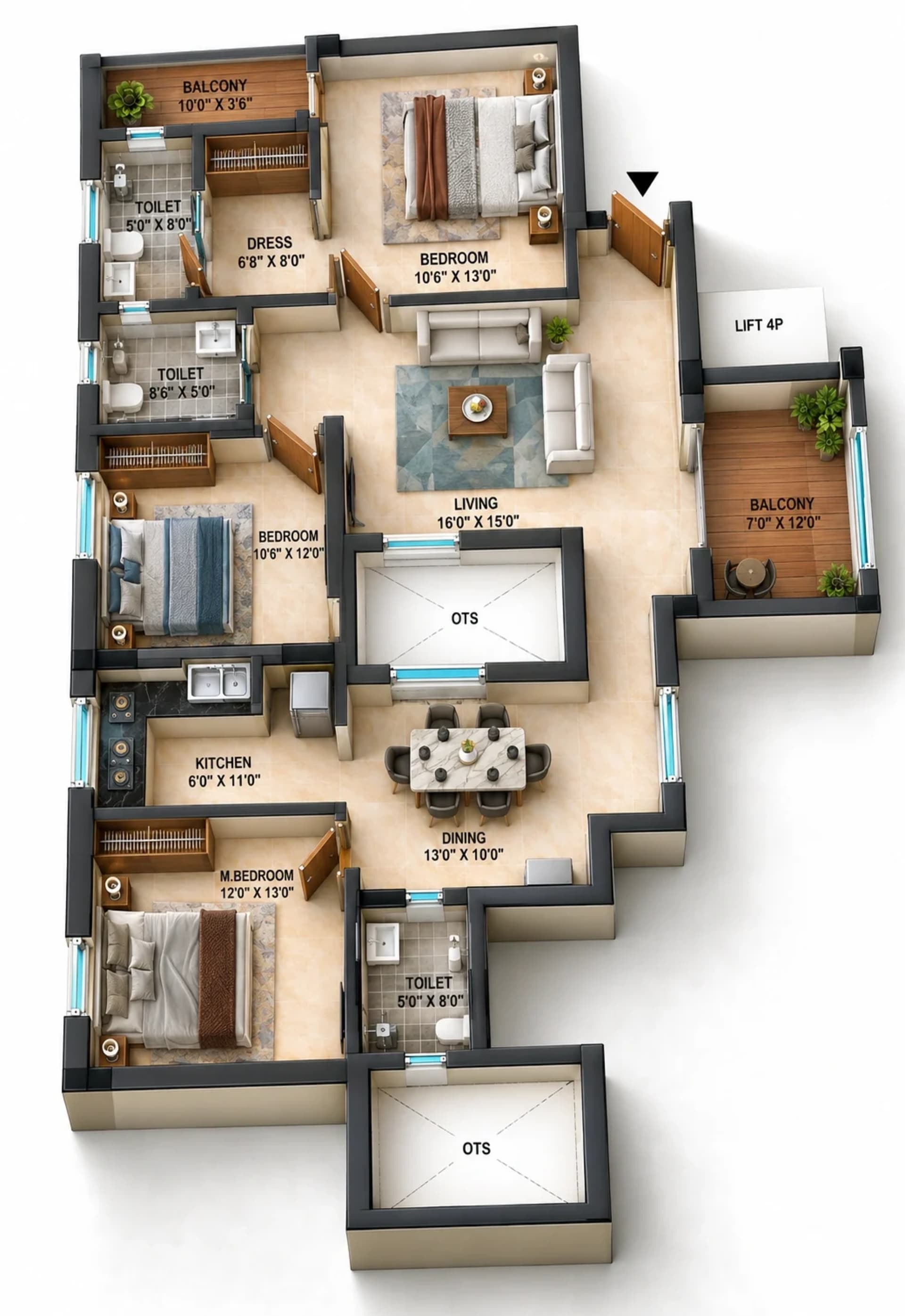 3 BHK Apartment Floor Plan – RAMS Apollo