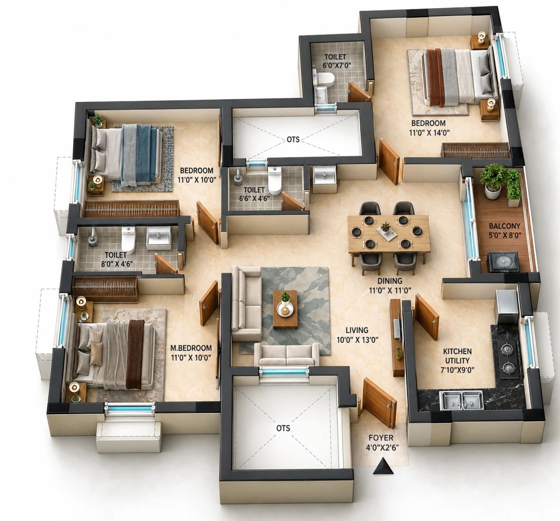 3 BHK Apartment Floor Plan – RAMS Apollo