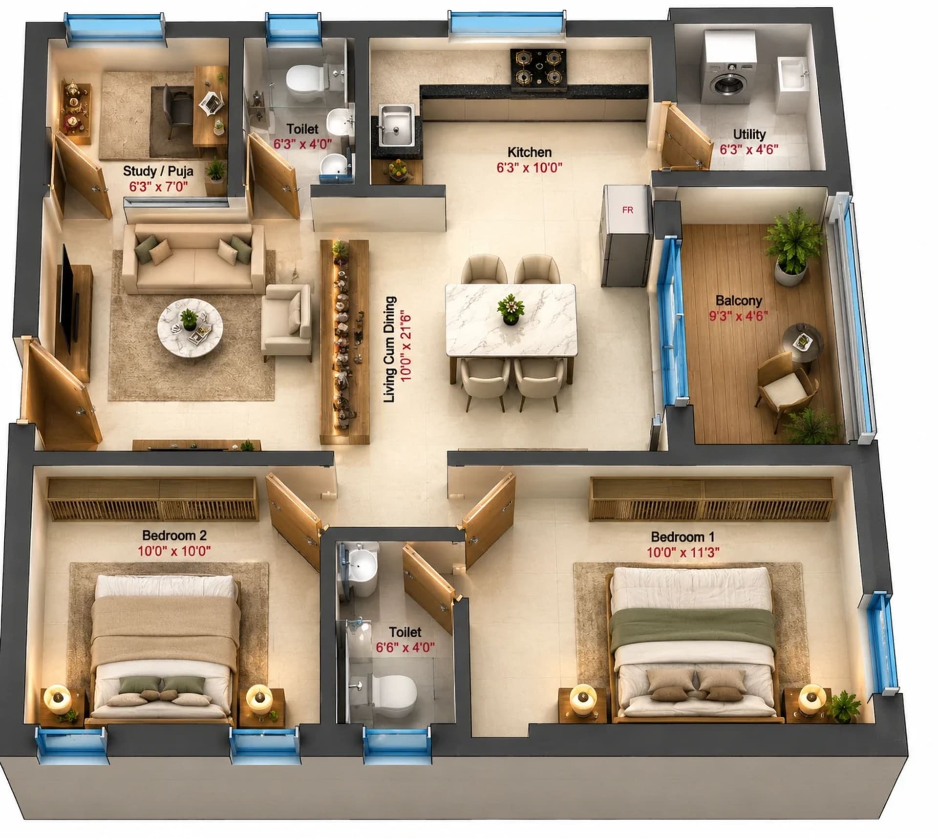 2.5 BHK Apartment floor plan — 1,060 sqft